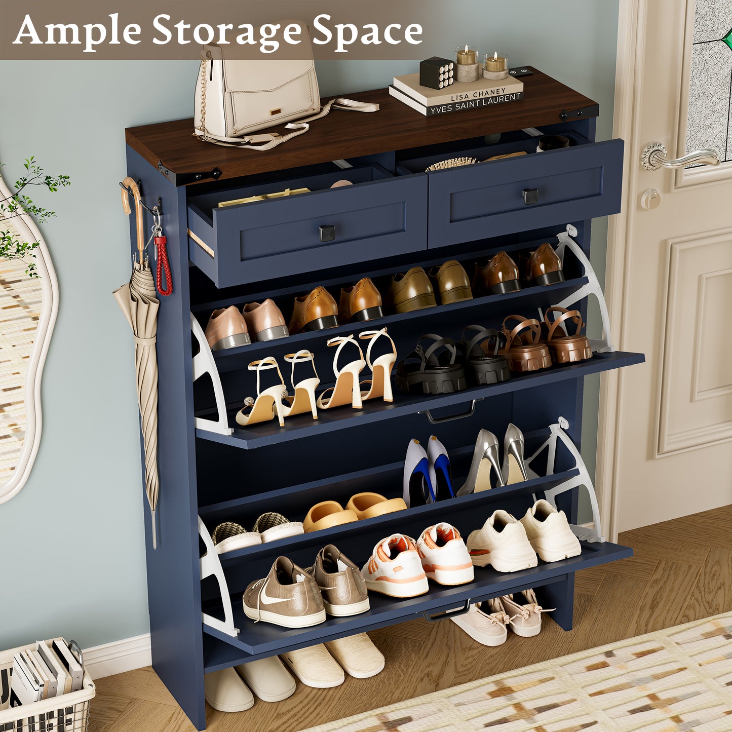 BORNOON Shoe Cabinet with Odor Control Deodorizer and Back Panel, Farmhouse Narrow Shoe Storage Cabinet Rack for Entryway with 2 Flip Drawers and 2 Top Drawers, Adjustable Shelves, Side Hooks