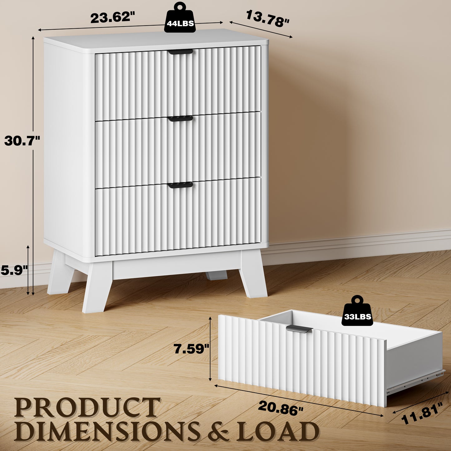 BORNOON Fluted Night Stand with Charging Station, 3 Drawer Bedside Table Dresser with Metal Handles, End Side Table Storage Cabinet for Bedroom