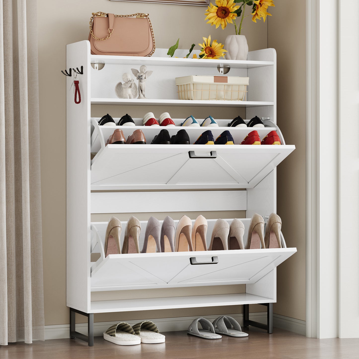 BORNOON Shoe Cabinet with 2 Flip Drawers Narrow Shoe Storage Cabinet Organizer Wooden Freestanding Shoe Rack Hidden Slim Shoes Storage Cabinet for Entryway, Hallway, Bedroom