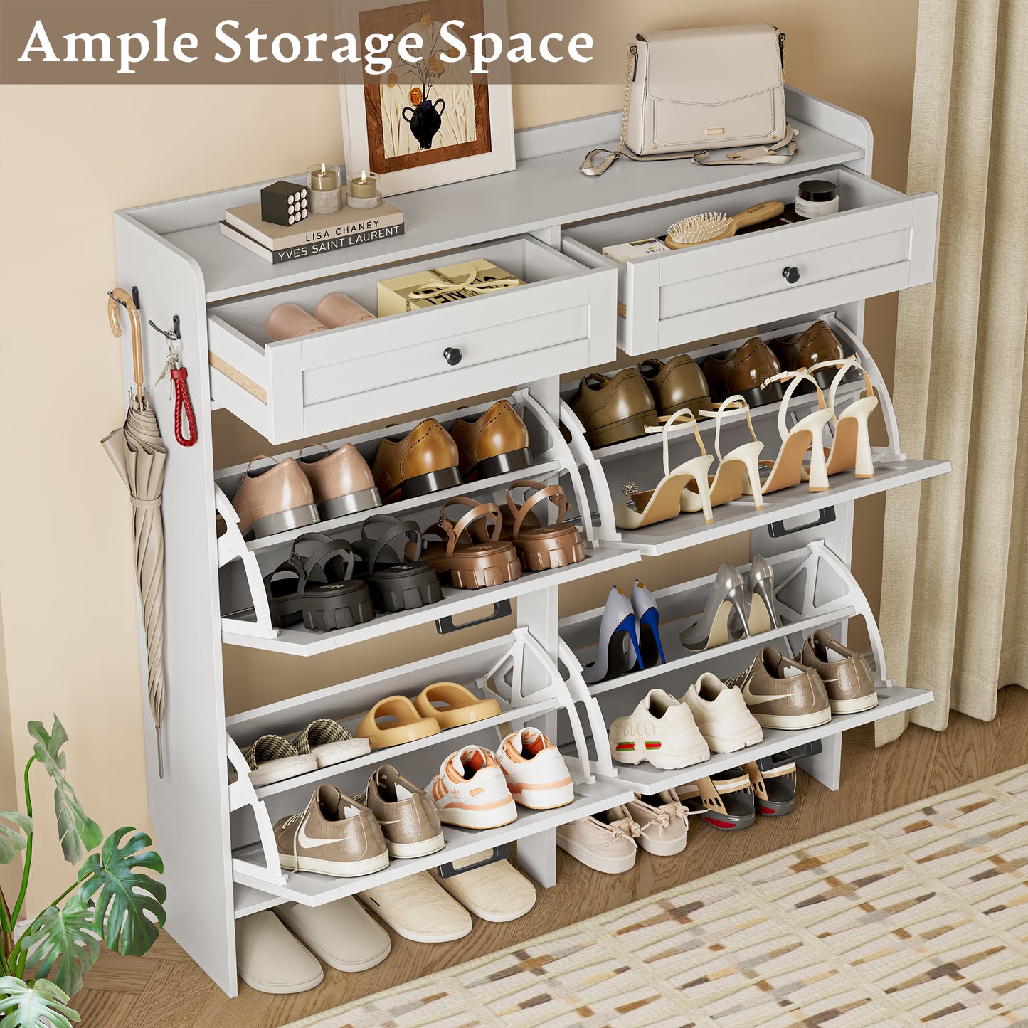 BORNOON Shoe Storage Cabinet for Entryway, Farmhouse Wide Shoe Cabinet with 4 Flip Drawers and 2 Top Drawers, Freestanding Organizer with Adjustable Shelves, Hooks, and Anti-Tip Kit for Hallway