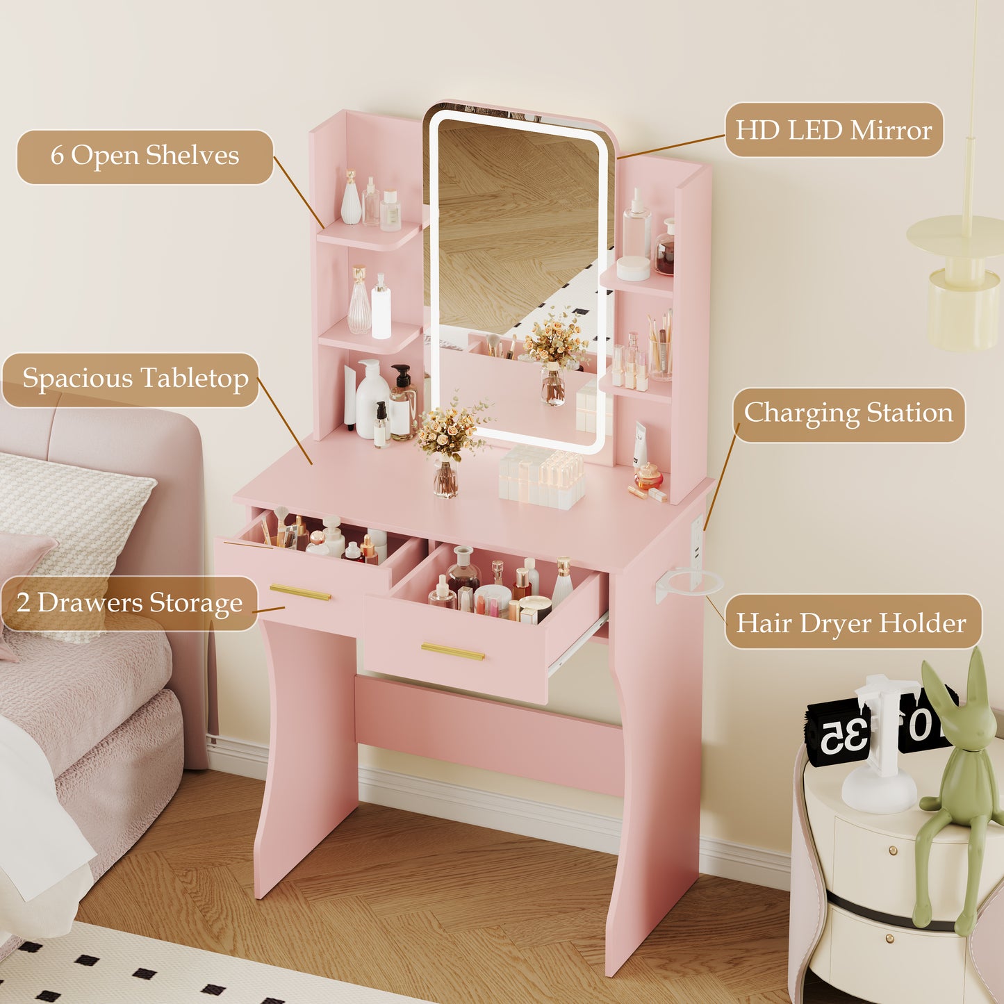 BORNOON Vanity Desk with Mirror and Lights, Small Makeup Vanity Desk with Charging Station, Bedroom Vanity Table with Drawers, Storage Shelves, RGB Ambient Light and Hair Dryer Holder