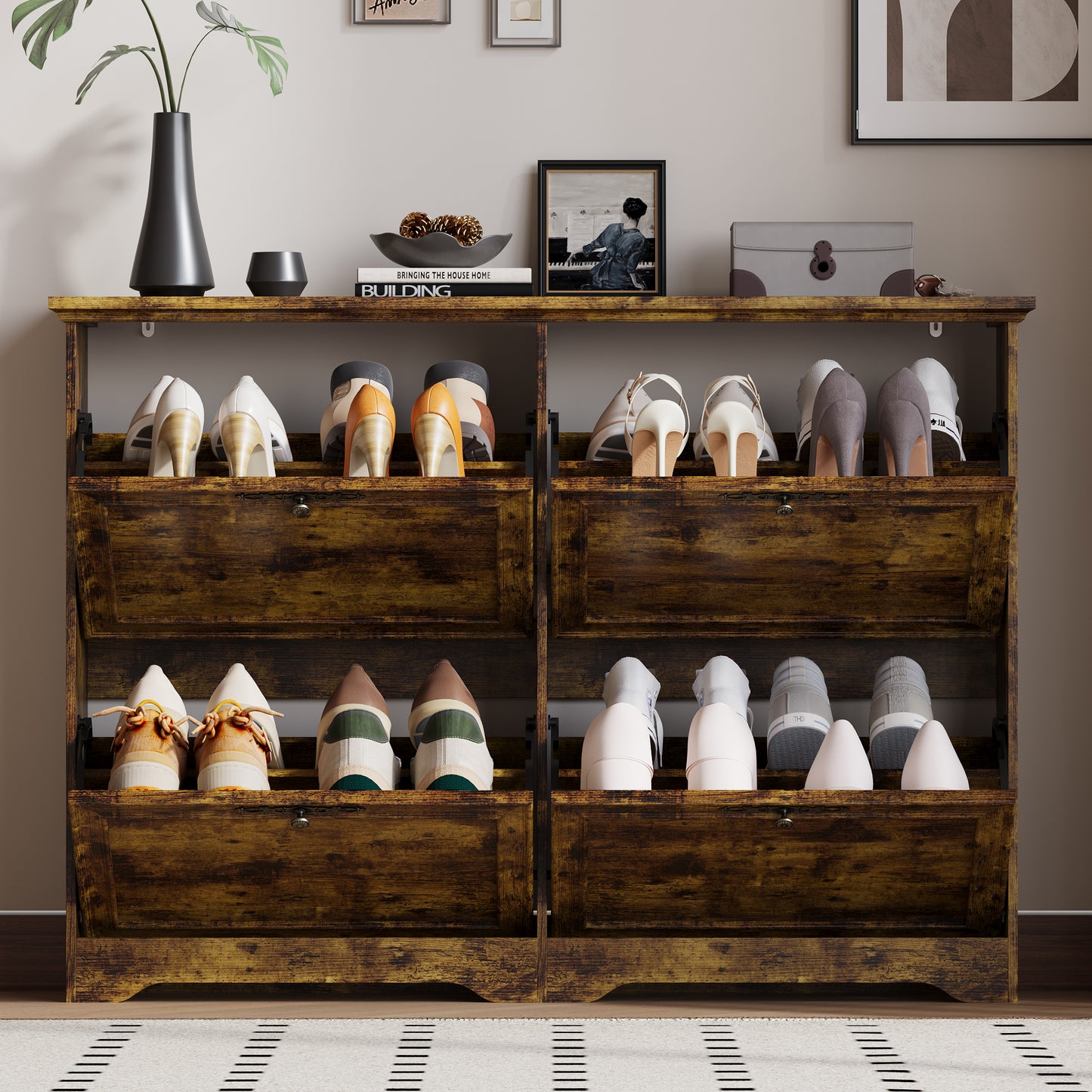 BORNOON Large Shoe Cabinet for Entryway, 4 Flip Drawer Organizer with Adjustable Shelves, Wooden Slim Shoe Storage Cabinet and Rack for Closet, Hallway, Foyer