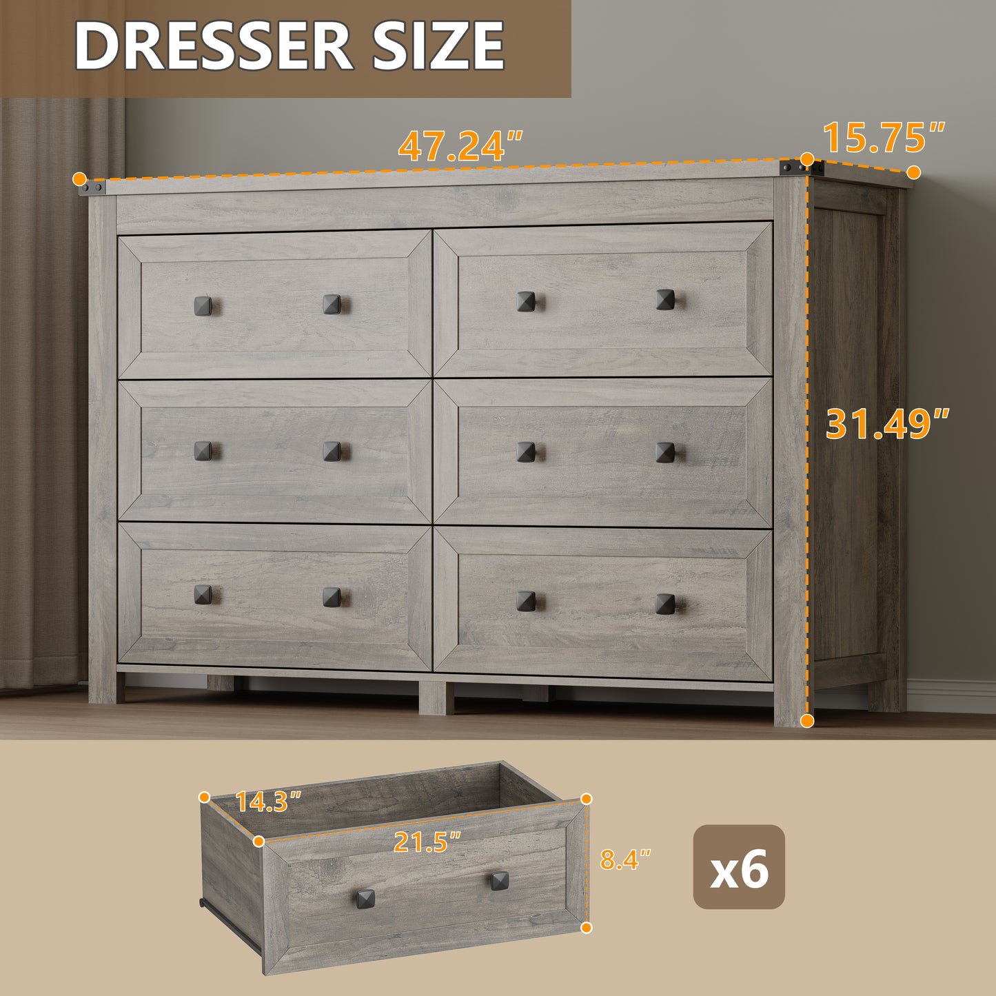 BORNOON 6-Drawer Dresser, Modern Wooden Storage Chest of Drawers, Dresser TV Stand, Wood Drawer Organizer with Metal Handles for Bedroom, Living Room, Hallway