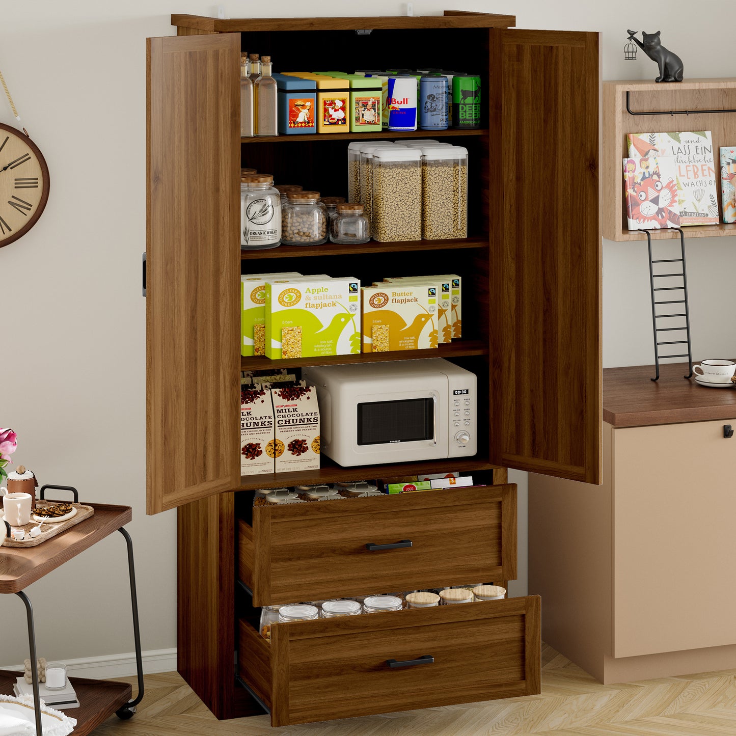 BORNOON Pantry Organizers and Storage Cabinet, 71” Barn Door White Kitchen Cabinet with Drawers and Adjustable Shelf, Tall Pantry for Kitchen, Dining Room, Living Room. Bathroom and Office