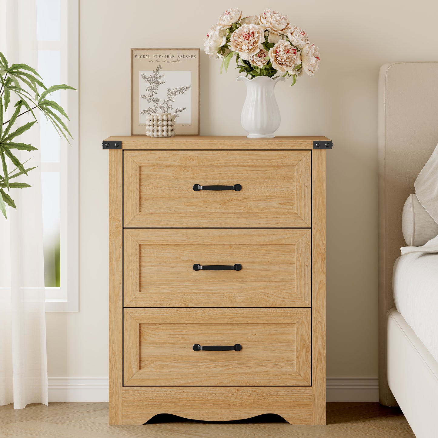 BORNOON 3-Drawer Dresser for Bedroom, Small Wooden Chest of Drawers with Metal Handles, Narrow Storage Cabinet with Anti-Tipping Design, Sturdy Dresser Organizer for Closet, Living Room, Entryway