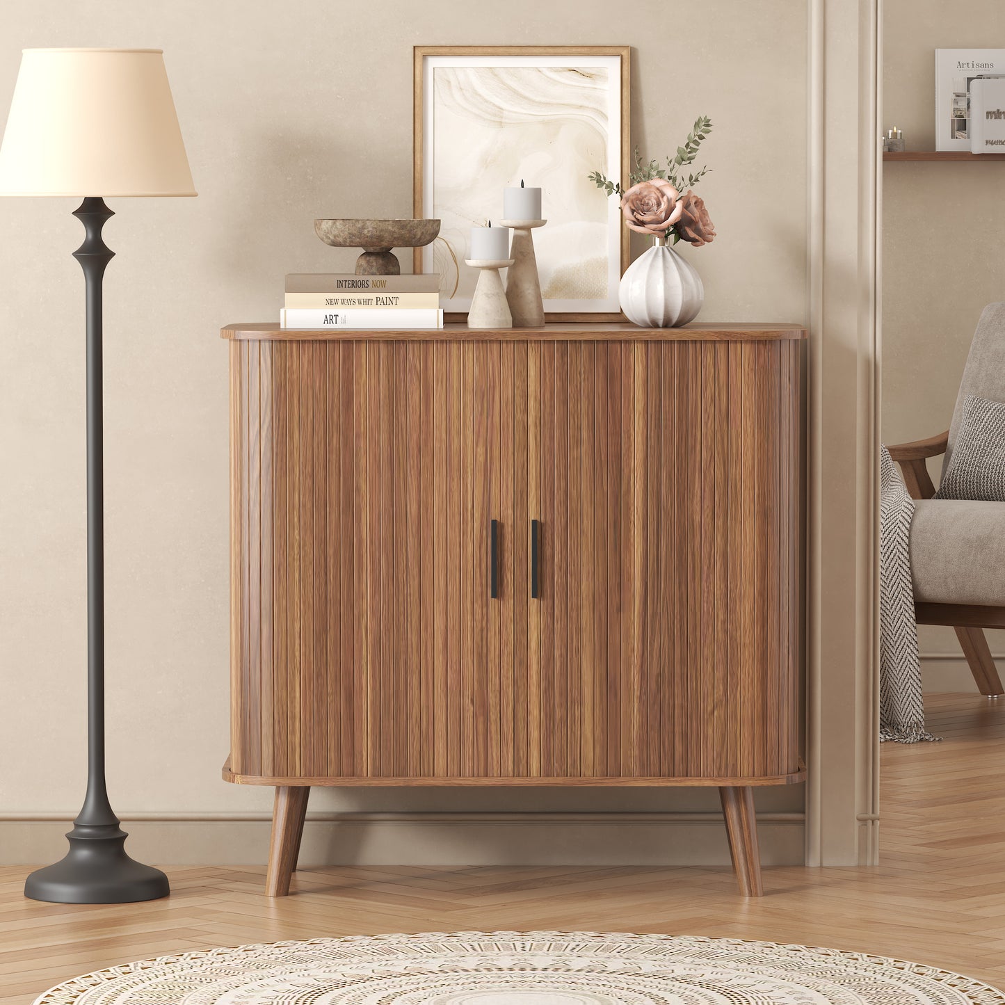 BORNOON Buffet Cabinet with Storage, Curved-Edge Fluted Storage Cabinet Sideboard, Modern Black Sideboard Buffet with Adjustable Shelves & Sliding Door for Dining Room, Kitchen, Entryway (Oak)