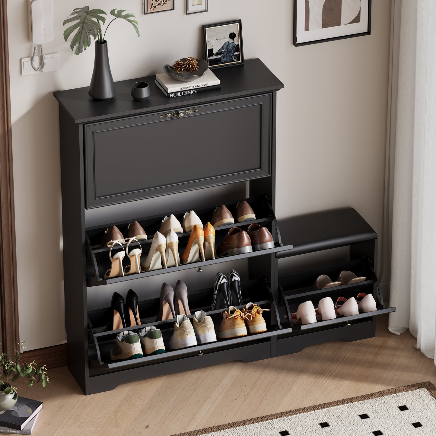 BORNOON Shoe Cabinet for Entryway, Slim Shoe Storage Cabinet with Adjustable Shelves, Wooden Rack and Organizer for Small Spaces, Closet, Foyer, Hallway