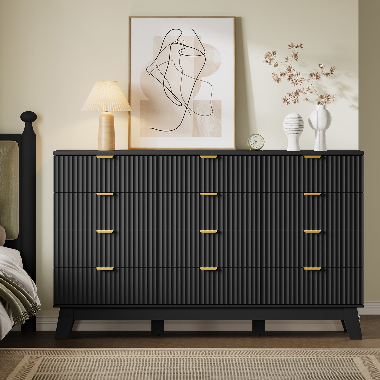 BORNOON 57" Wide Dresser for Bedroom, 12-Drawer Fluted Dresser with Metal Handles, Wood Chest of Drawers with Smooth Slides and Stable Base, Storage Cabinet for Living Room, Nursery, Timeless Noir