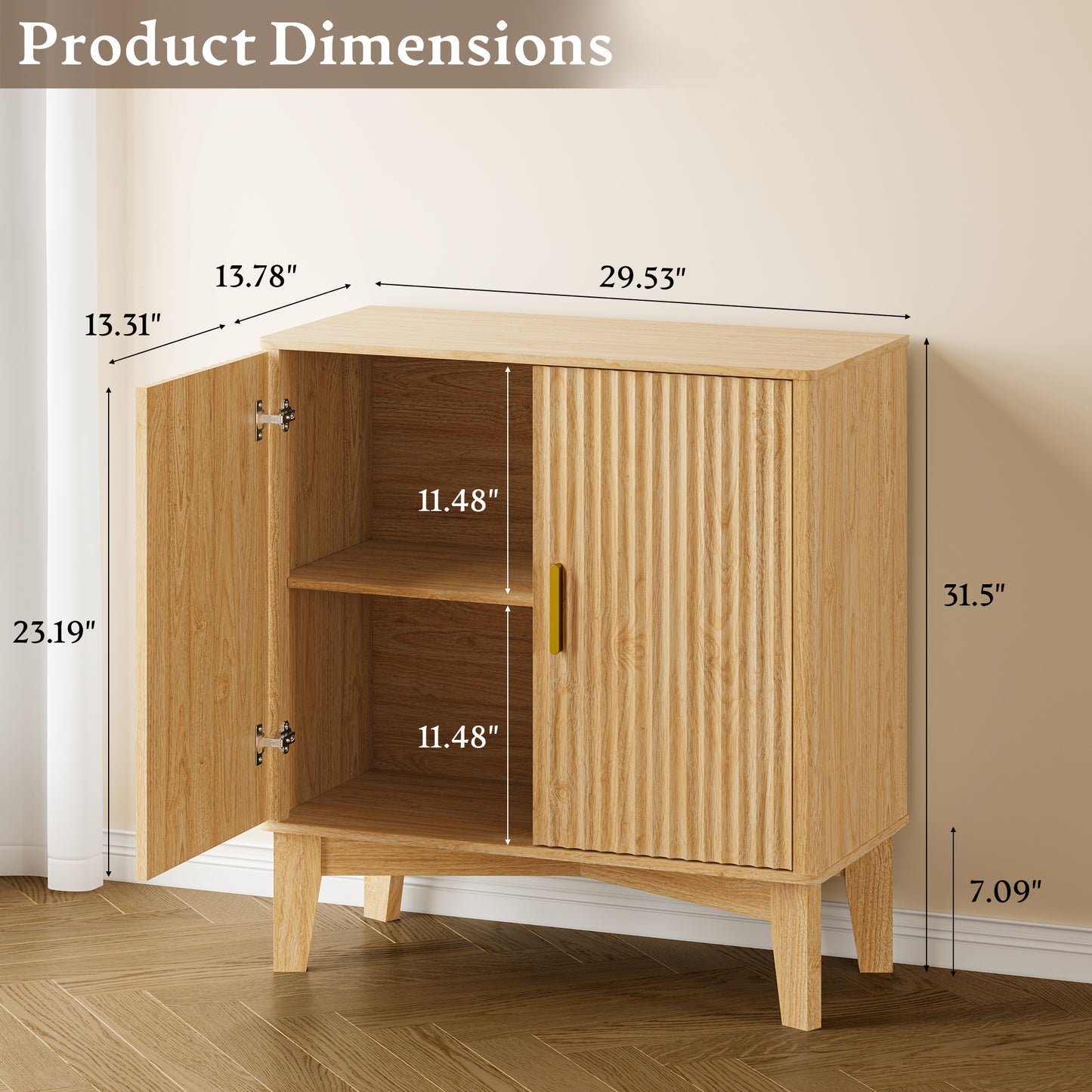BORNOON Storage Cabinet with Doors and Adjustable Shelf, Modern Fluted Sideboard Buffet Cabinet, Freestanding Coffee Bar for Kitchen, Pantry, Entryway, Living Room (Natural Oak)