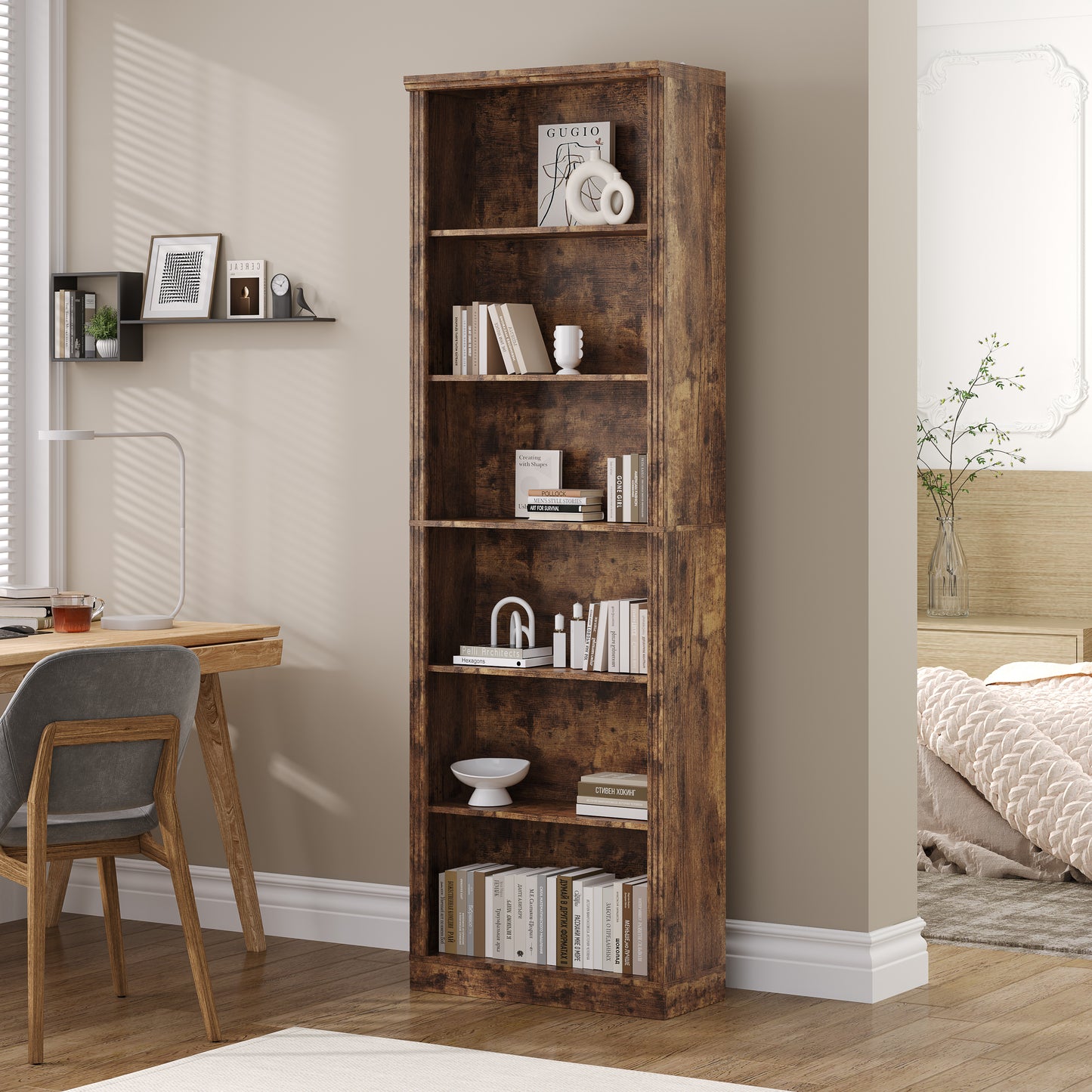 BORNOON 75" Tall Bookshelf, 6-Tier Floor Standing Bookcase with 2 Adjustable Shelves, 24" Wide Open Storage Shelf, Modern Display Organizer for Home Office, Living Room, Bedroom, Study