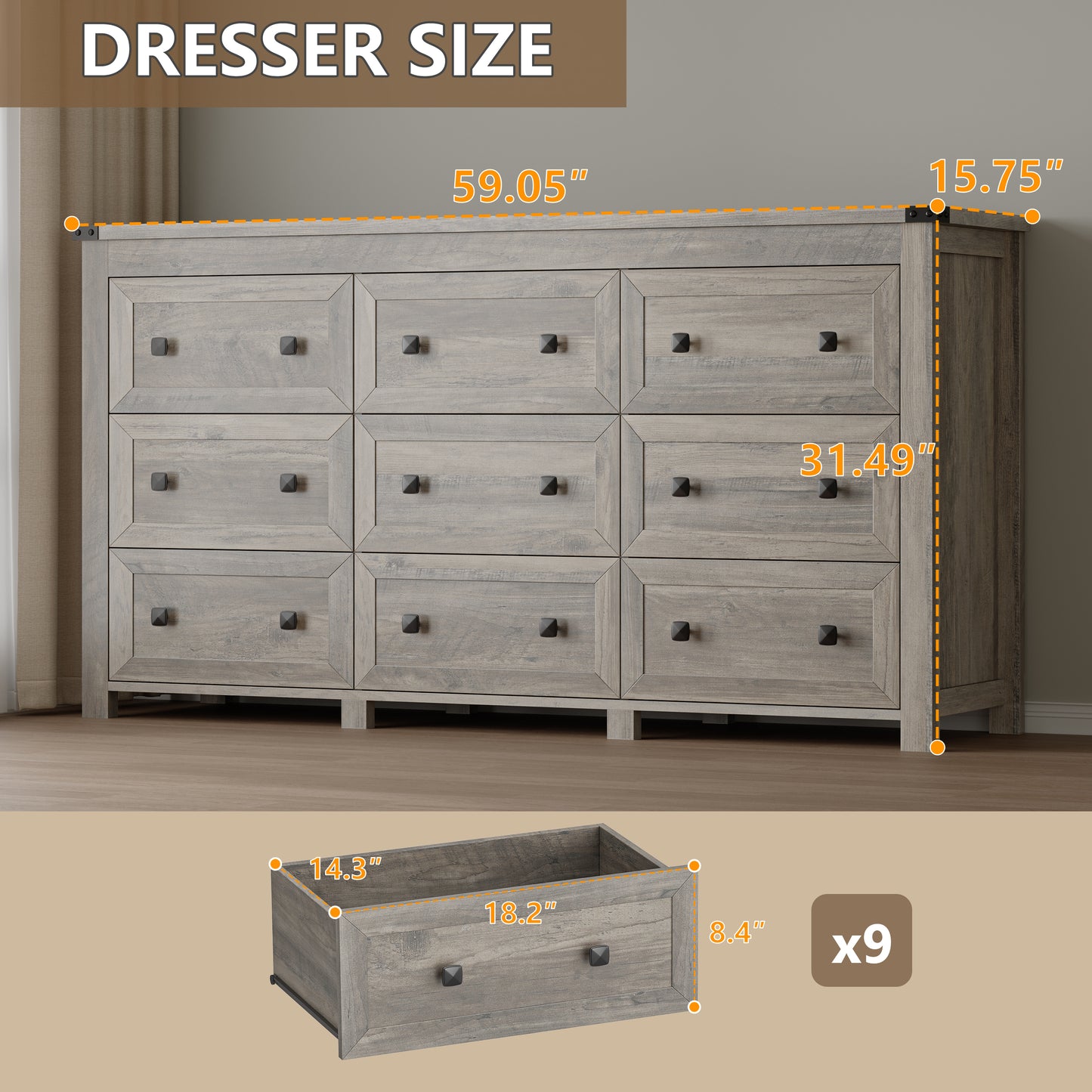 BORNOON 9-Drawer Dresser, Modern Wooden Storage Chest of Drawers, Dresser TV Stand, Wood Drawer Organizer with Metal Handles for Bedroom, Living Room, Hallway