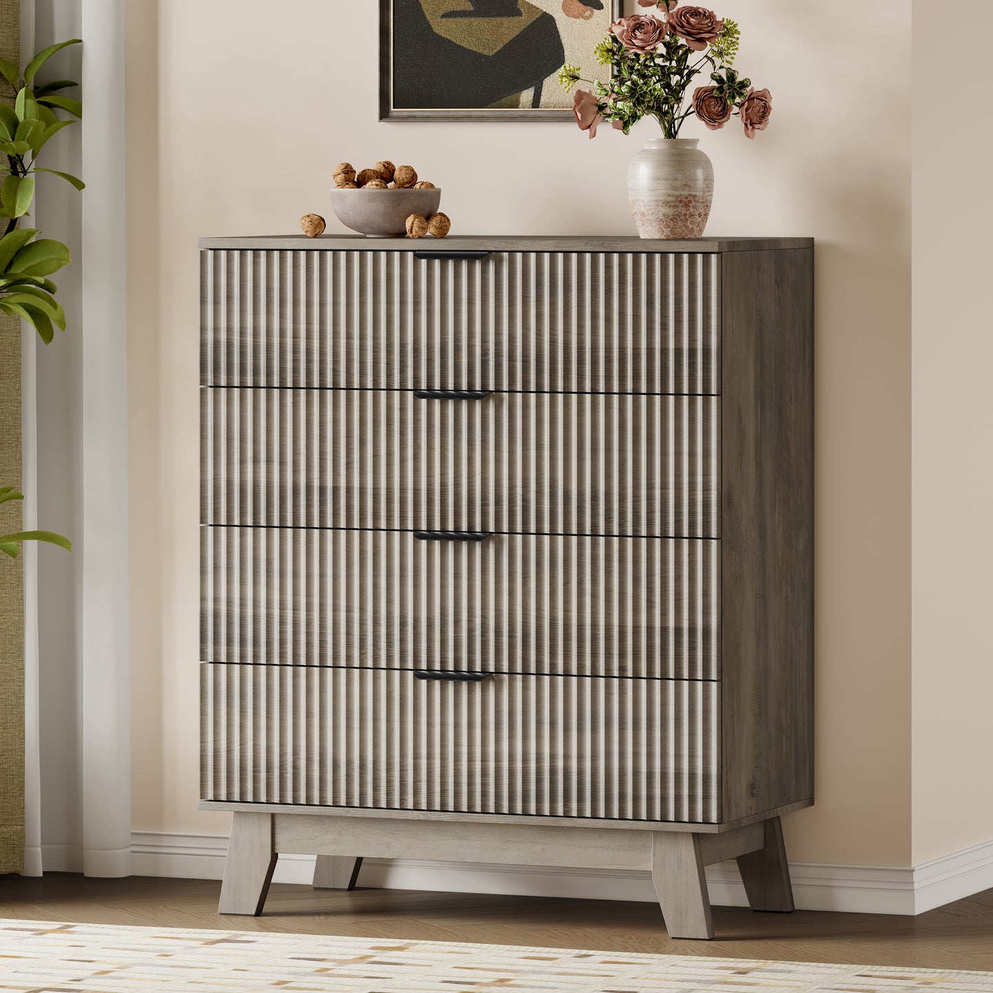 BORNOON 39" Tall Dresser for Bedroom, 4-Drawer Fluted Chest of Drawers, Modern Wood Highboy with Deep Storage, Metal Slides & Handles, Anti-Tip Kit, Vertical Clothes Organizer for Apartment, Nursery