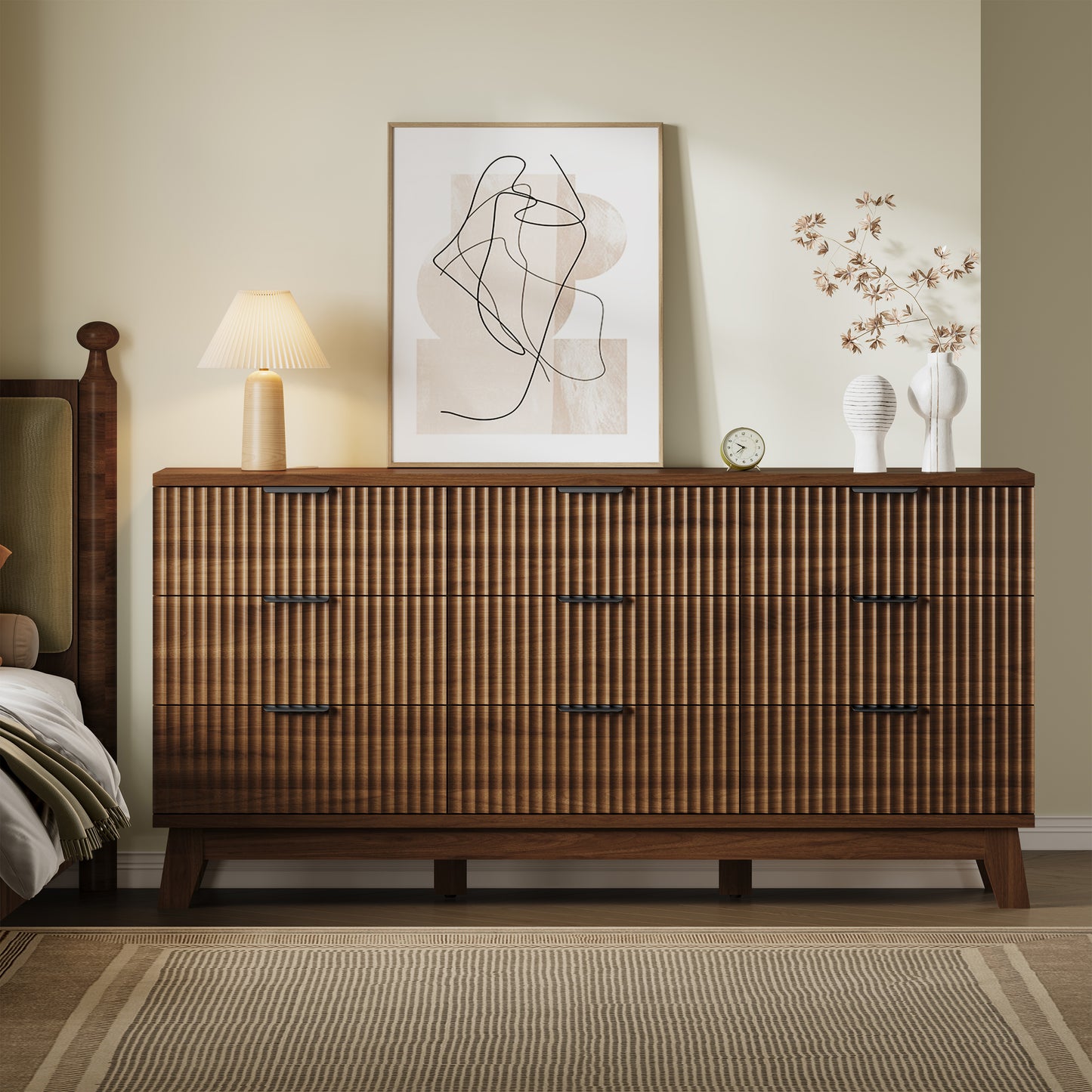 BORNOON 63" Long Dresser for Bedroom, 9-Drawer Fluted Dresser, Extra-Wide Wood Chest of Drawers with Smooth Metal Slides, Stable Base, Modern Clothes Storage Cabinet for Living Room, Hallway, Nursery