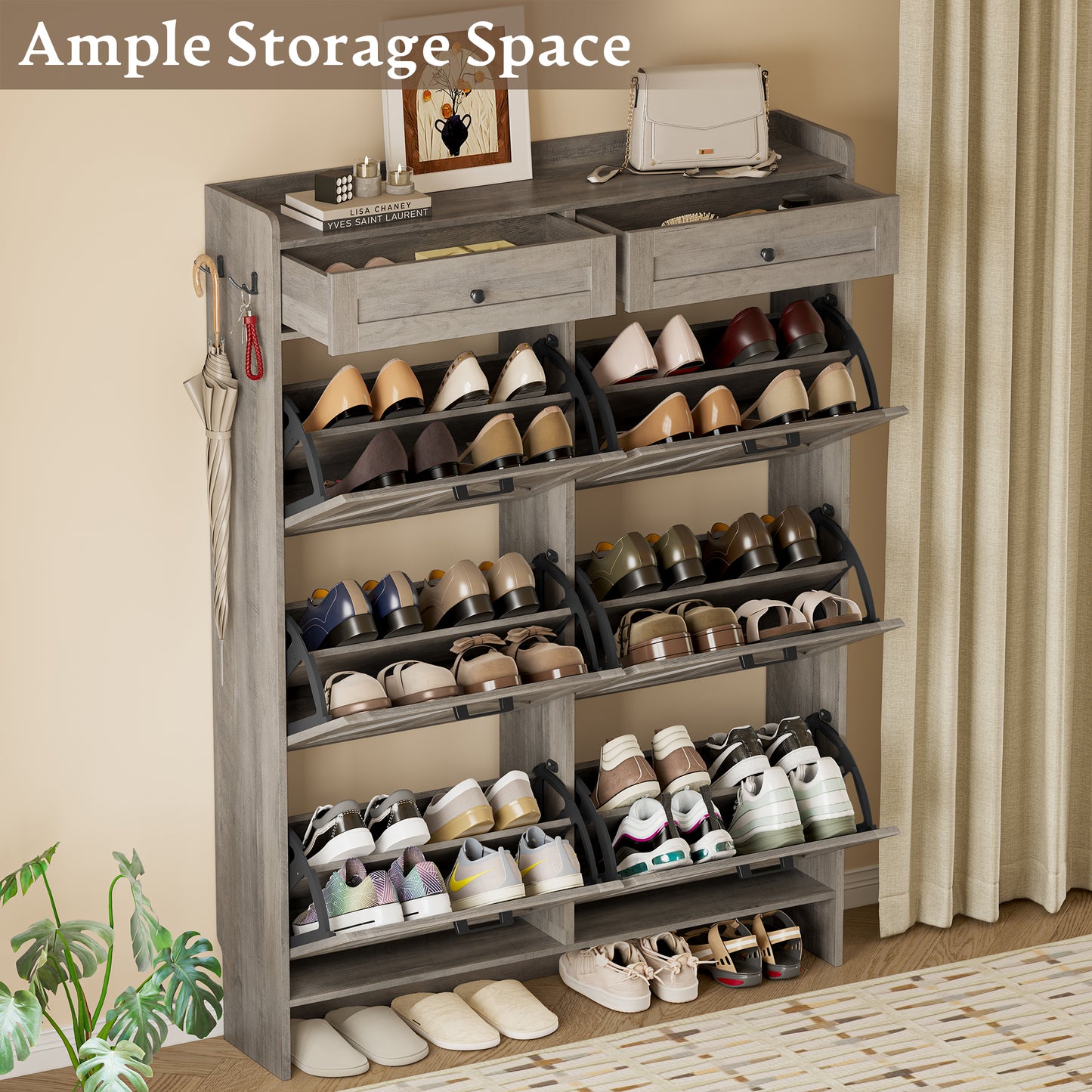 BORNOON Shoe Cabinet for Entryway, Farmhouse Shoe Storage Cabinet with 6 Flip Drawers and 2 Top Drawers, Tall Narrow Shoe Organizer Cabinet with Adjustable Shelves, Side Hooks and Anti-Tip Kit