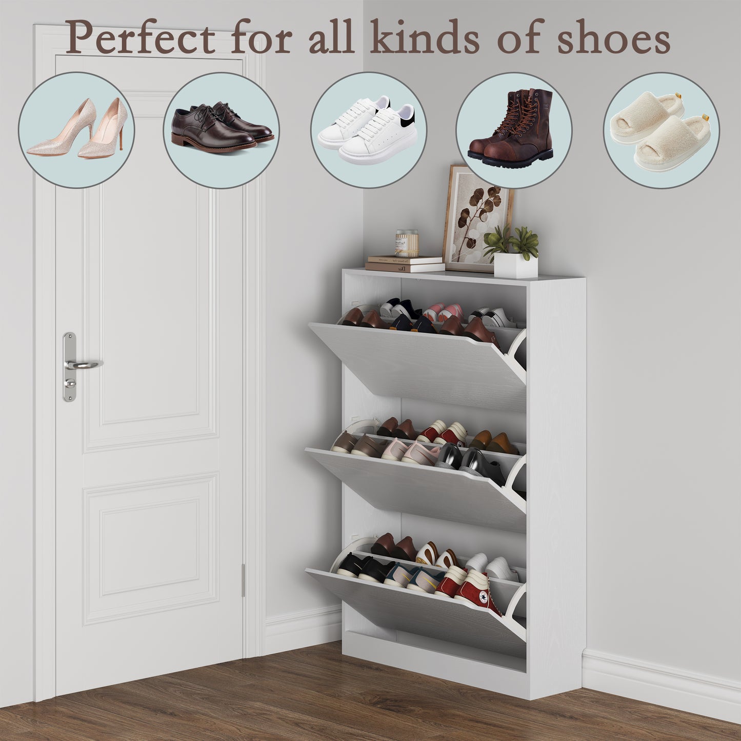 BORNOON Shoe Cabinet with 3 Flip Drawers, Slim Narrow Shoe Storage Cabinet, Freestanding Shoe Organizer with Adjustable & Removable Shelves, Top Display Shelf for Entryway, Hallway, Foyer, Closet
