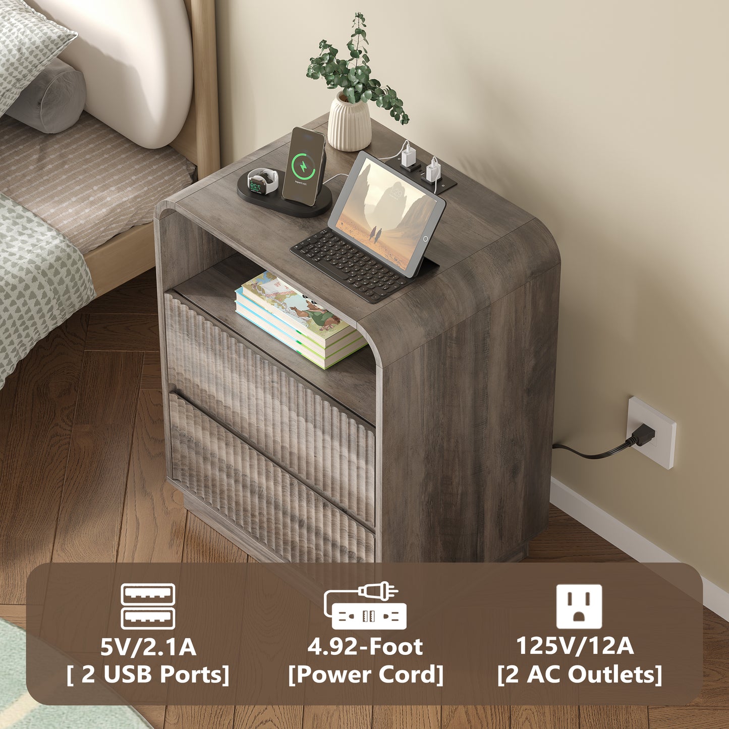 BORNOON Dresser with 2 Drawers and Charging Station, Fluted Bedside Table with Round Curved Corner, Hidden Handles, 2 AC Outlets and 2 USB Ports, Modern Wood End Table with Open Shelf for Bedroom