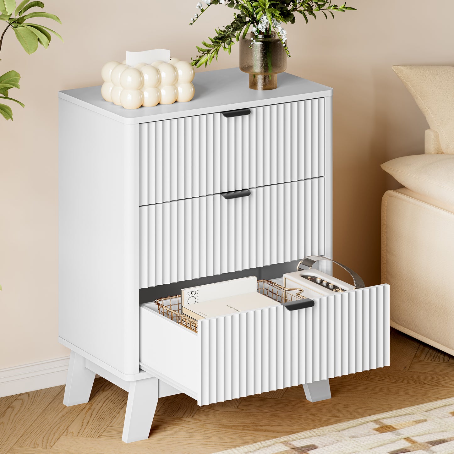 BORNOON Fluted Night Stand with Charging Station, 3 Drawer Bedside Table Dresser with Metal Handles, End Side Table Storage Cabinet for Bedroom