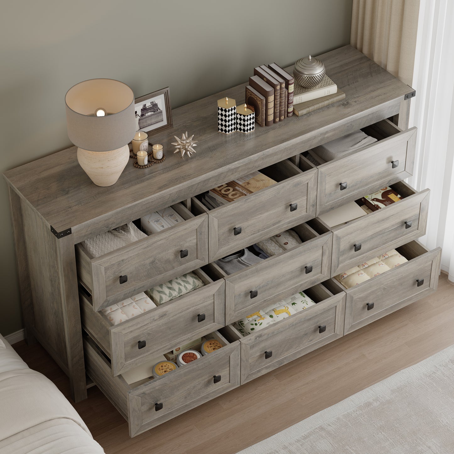 BORNOON 9-Drawer Dresser, Modern Wooden Storage Chest of Drawers, Dresser TV Stand, Wood Drawer Organizer with Metal Handles for Bedroom, Living Room, Hallway