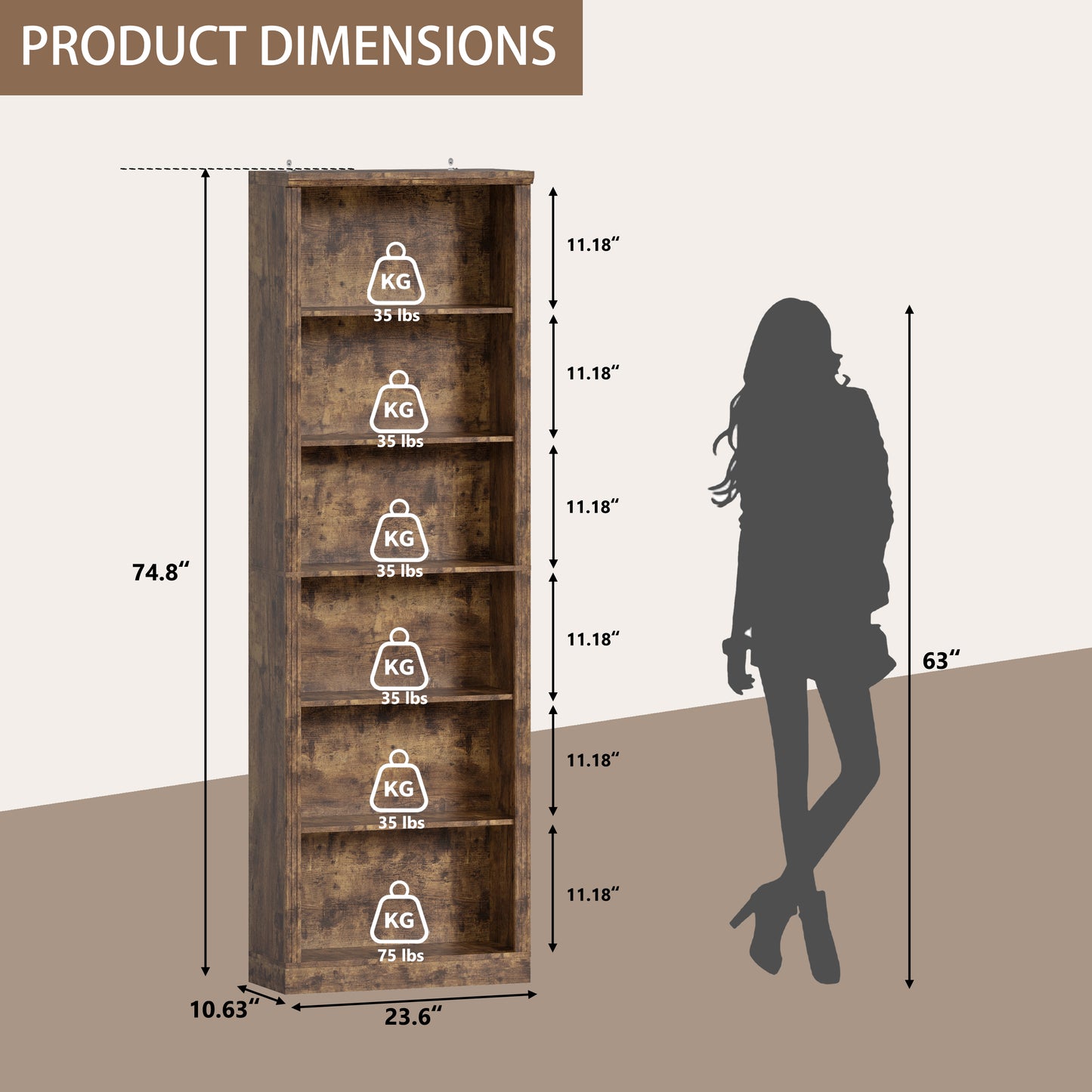 BORNOON 75" Tall Bookshelf, 6-Tier Floor Standing Bookcase with 2 Adjustable Shelves, 24" Wide Open Storage Shelf, Modern Display Organizer for Home Office, Living Room, Bedroom, Study
