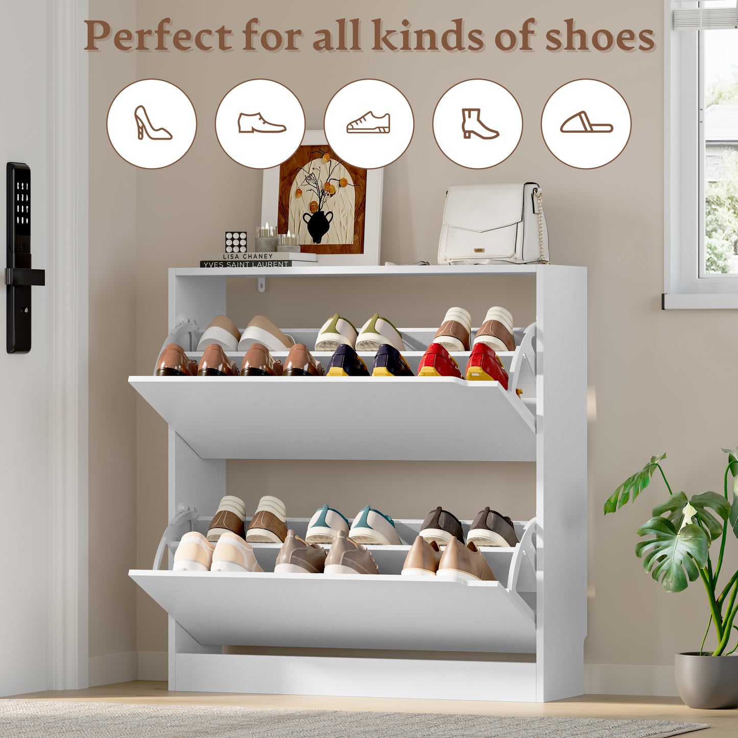 BORNOON Shoe Cabinet with 2 Flip Drawers, Slim Narrow Shoe Storage Cabinet, Freestanding Shoe Organizer with Adjustable & Removable Shelves, Top Display Shelf for Entryway, Hallway, Foyer, Closet