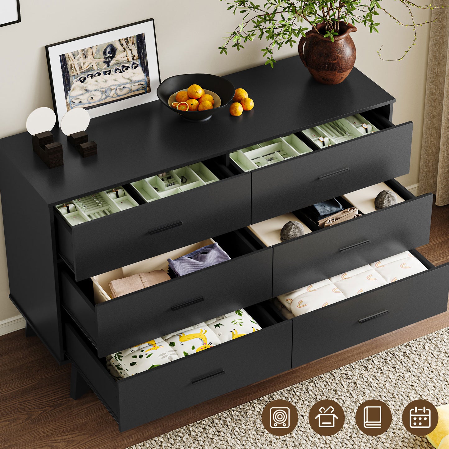 BORNOON Dresser for Bedroom with 6-Drawer, 47.2" Modern Chest of Drawers with Metal Handles, X-Shape Base & Adjustable Center Leg, Anti-Tip Closet Organizers and Storage
