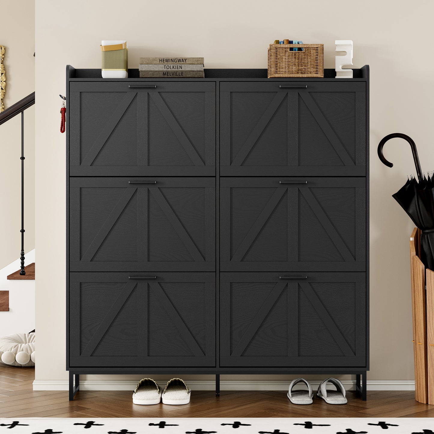 BORNOON Shoe Cabinet with 6 Flip Drawers Narrow Shoe Storage Cabinet Organizer Wooden Freestanding Shoe Rack Hidden Slim Shoes Storage Cabinet for Entryway, Hallway, Living Room, Bedroom