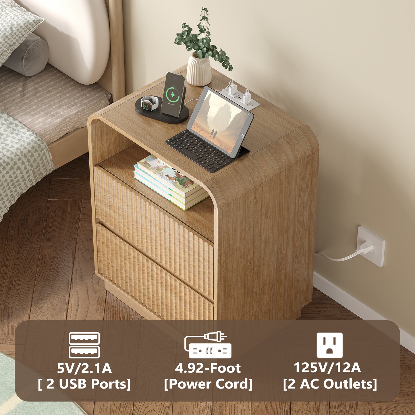 BORNOON Nightstand with Charging Station, Fluted Bedside Table with Round Curved Corner, Hidden Handles, 2 AC Outlets and 2 USB Ports, Modern Wood End Table with Open Shelf for Bedroom