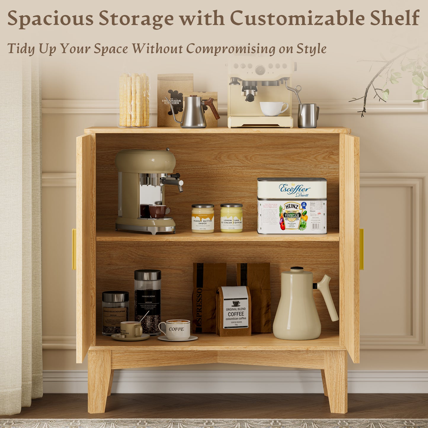BORNOON Storage Cabinet with Doors and Adjustable Shelf, Modern Fluted Sideboard Buffet Cabinet, Freestanding Coffee Bar for Kitchen, Pantry, Entryway, Living Room (Natural Oak)
