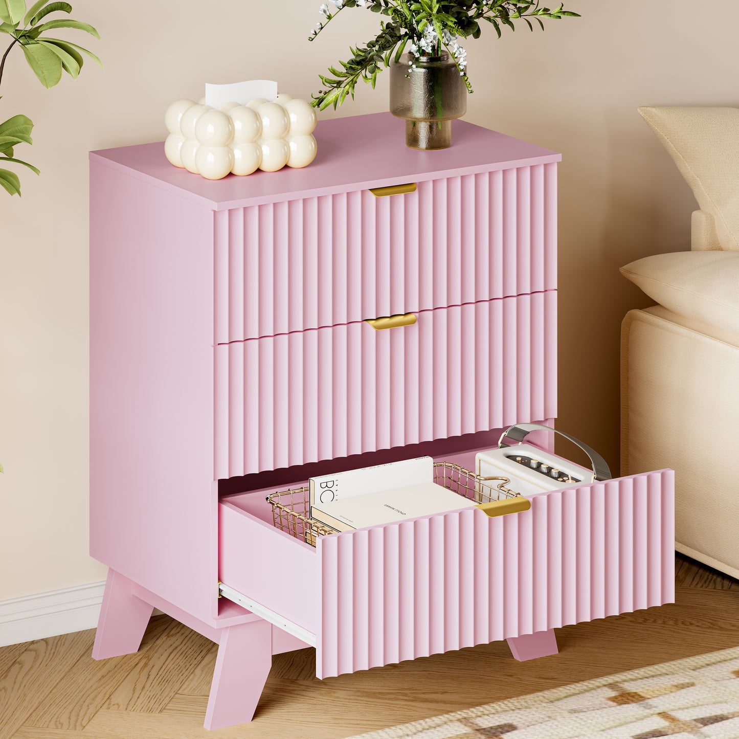 BORNOON Fluted 3 Drawer Dresser, 30.3" Tall Compact Modern Boho Chest of Drawers, Wooden Storage Cabinet for Bedroom, Living Room, Entryway, Curved Profile Design