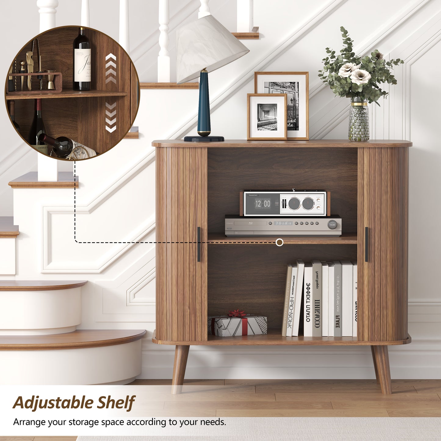 BORNOON Buffet Cabinet with Storage, Curved-Edge Fluted Storage Cabinet Sideboard, Modern Walnut Sideboard Buffet with Adjustable Shelves & Sliding Door for Dining Room, Kitchen, Entryway