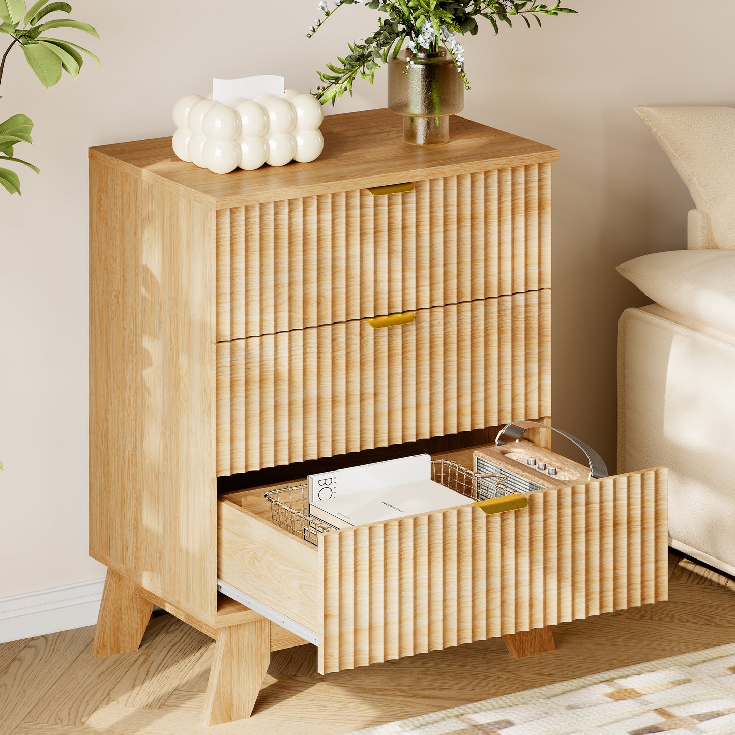 BORNOON Fluted Night Stand with 3 Drawers, Rounded Edge Bedside Table Dresser with Gold Handles, End Side Table Storage Cabinet for Bedroom