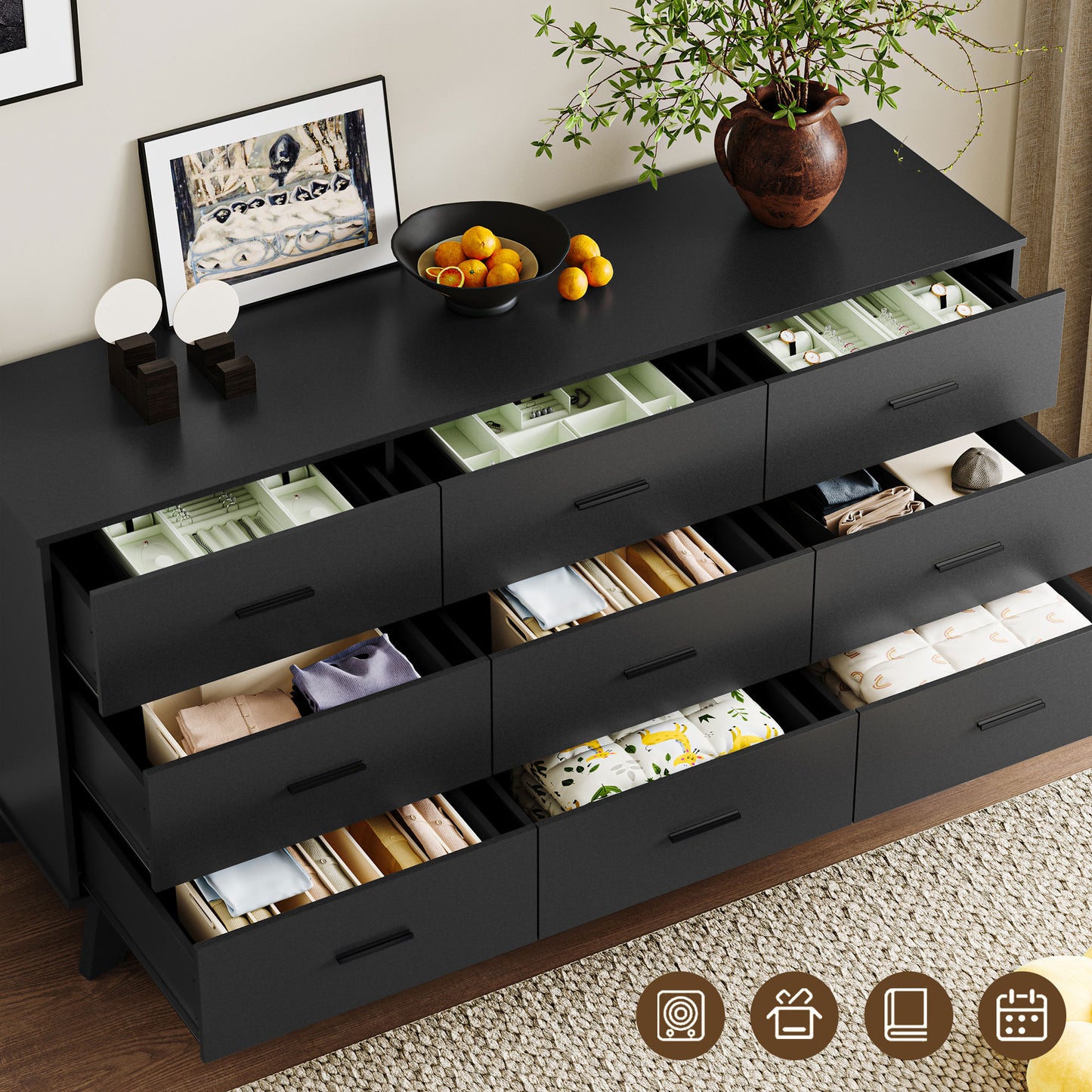 BORNOON Dresser for Bedroom with 9-Drawer, 59" Wide Modern Chest of Drawers with Metal Handles, X-Shape Base & Adjustable Center Leg, Anti-Tip Closet Organizers and Storage