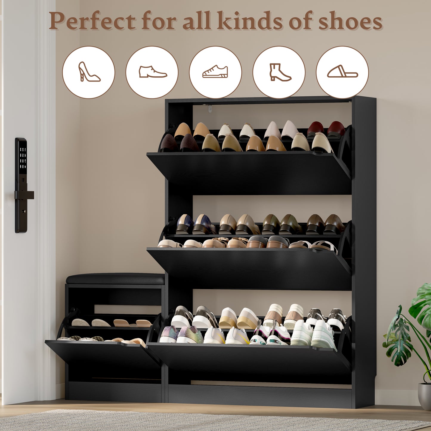 BORNOON Shoe Cabinet with Bench and 3 Flip Drawers, Slim Narrow Shoe Storage Cabinet, Freestanding Shoe Rack Organizer with Adjustable & Removable Shelves, Anti-Tip for Entryway, Hallway, Foyer