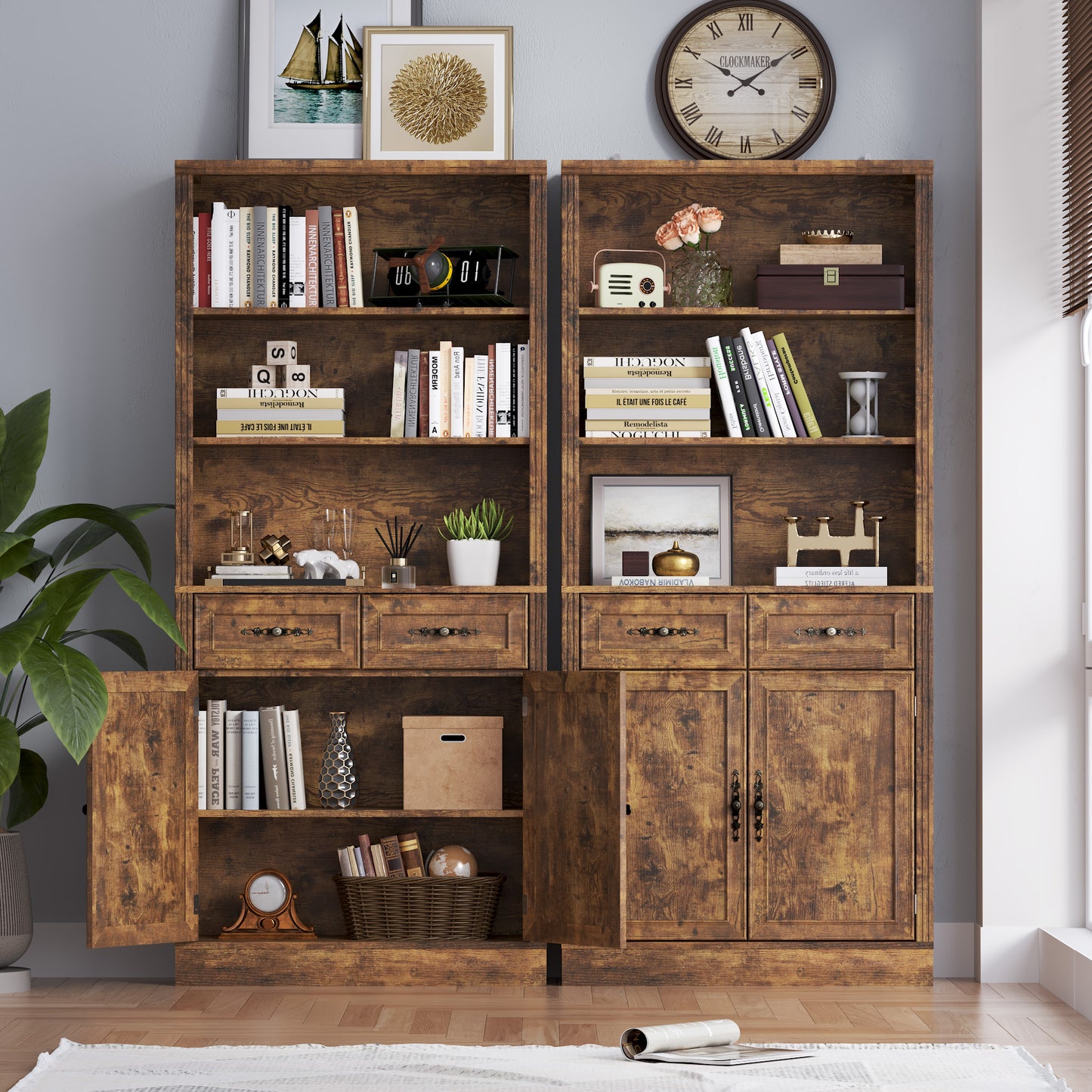 BORNOON 70.1" Tall Bookshelf with Drawers & Cabinet, 5-Tier Floor Standing Bookcase with Storage Doors, Adjustable Shelves & Metal Handles, 31.5" Wide Organizer for Home Office, Living Room
