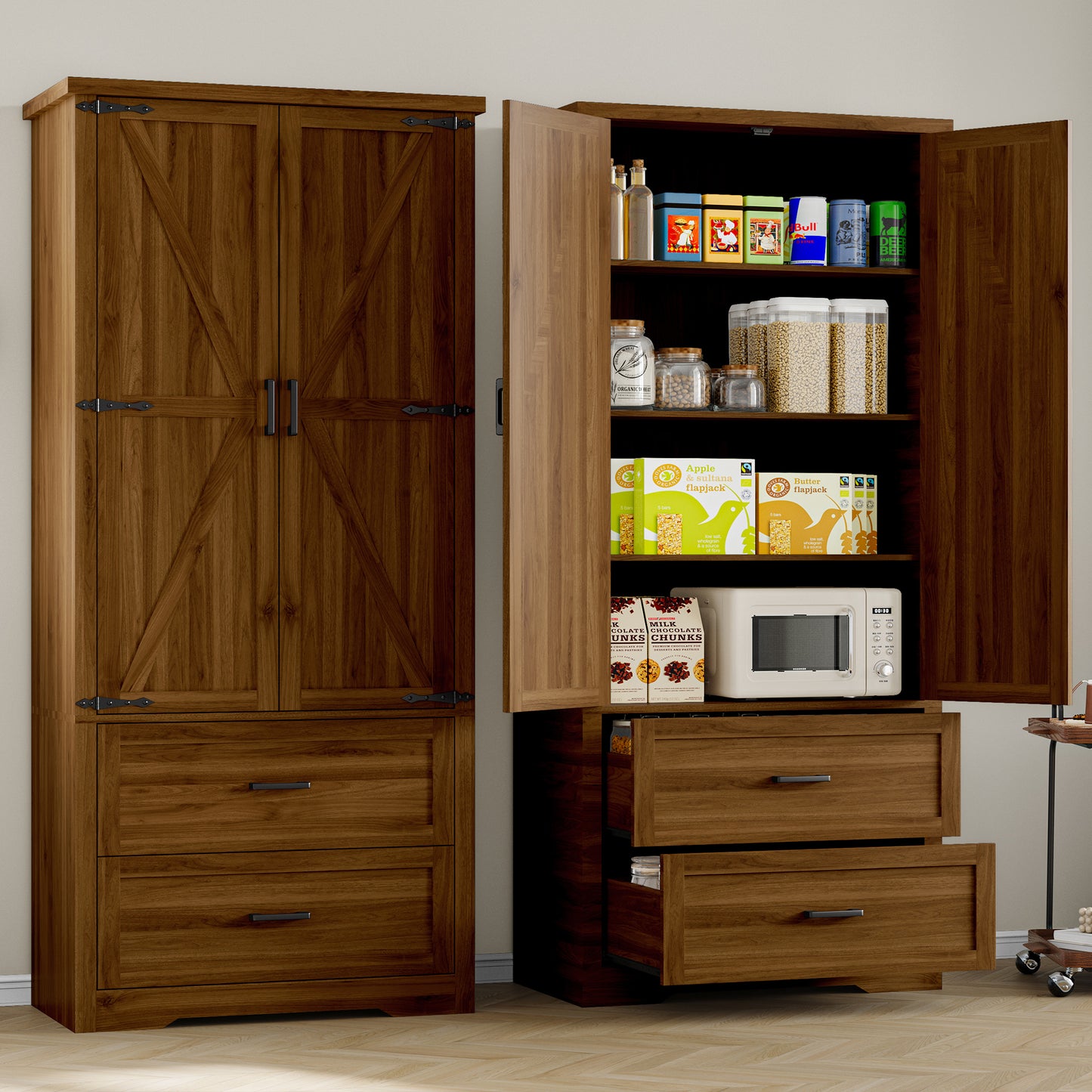 BORNOON Pantry Organizers and Storage Cabinet, 71” Barn Door White Kitchen Cabinet with Drawers and Adjustable Shelf, Tall Pantry for Kitchen, Dining Room, Living Room. Bathroom and Office