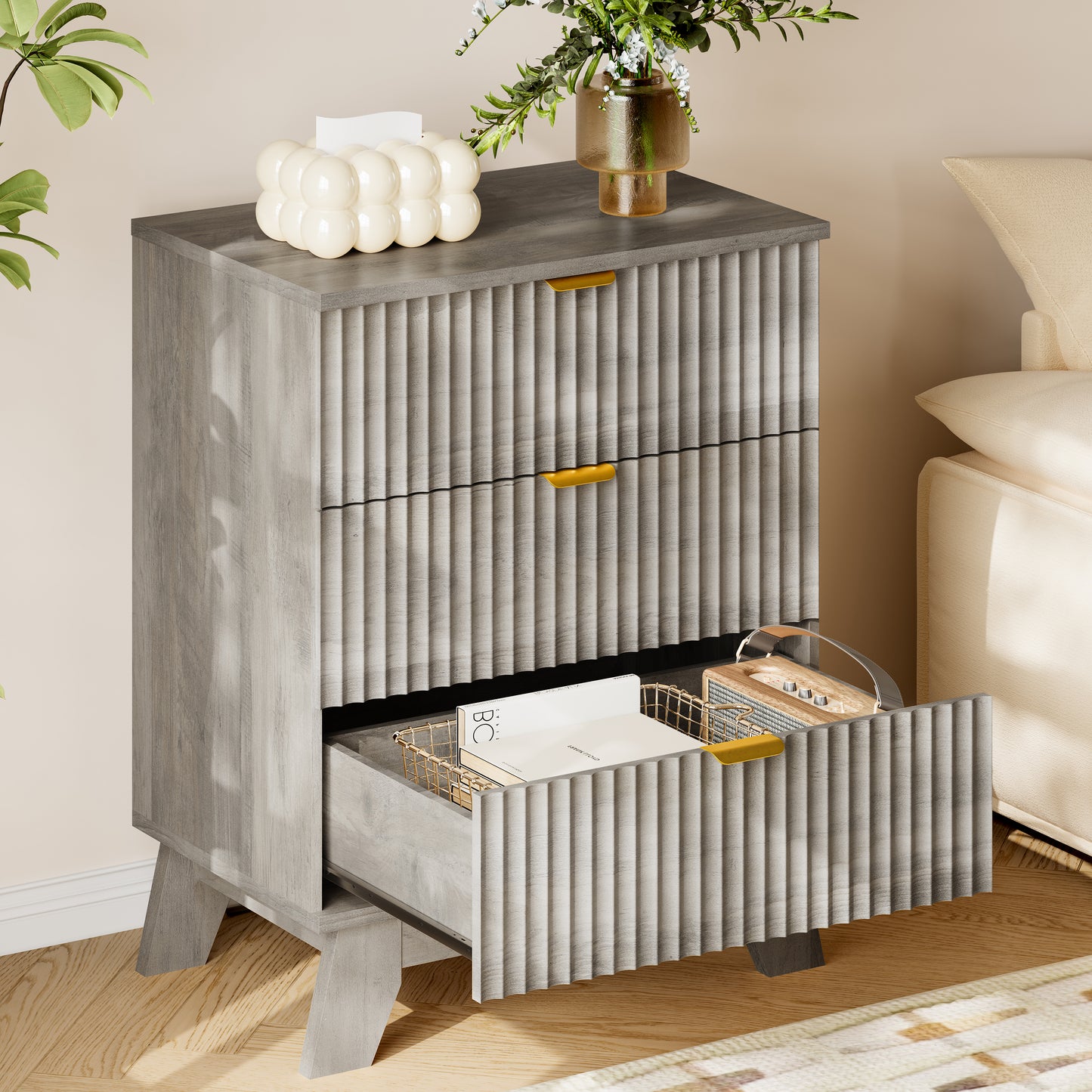 BORNOON Fluted Night Stand with 3 Drawers, Rounded Edge Bedside Table Dresser with Gold Handles, End Side Table Storage Cabinet for Bedroom