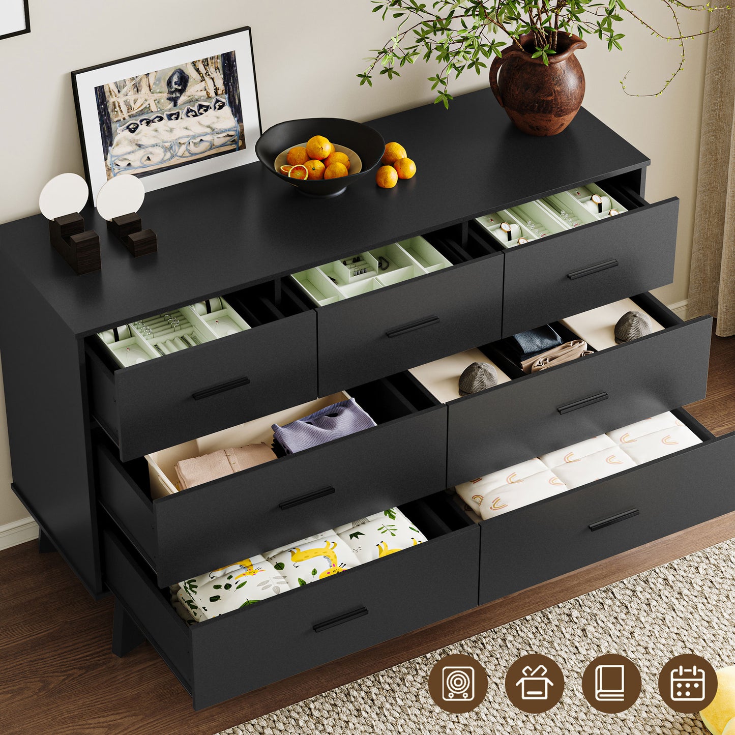 BORNOON Dresser for Bedroom with 7-Drawer, 47.2" Wide Modern Chest of Drawers with Metal Handles, X-Shape Base & Adjustable Center Leg, Anti-Tip Closet Organizers and Storage