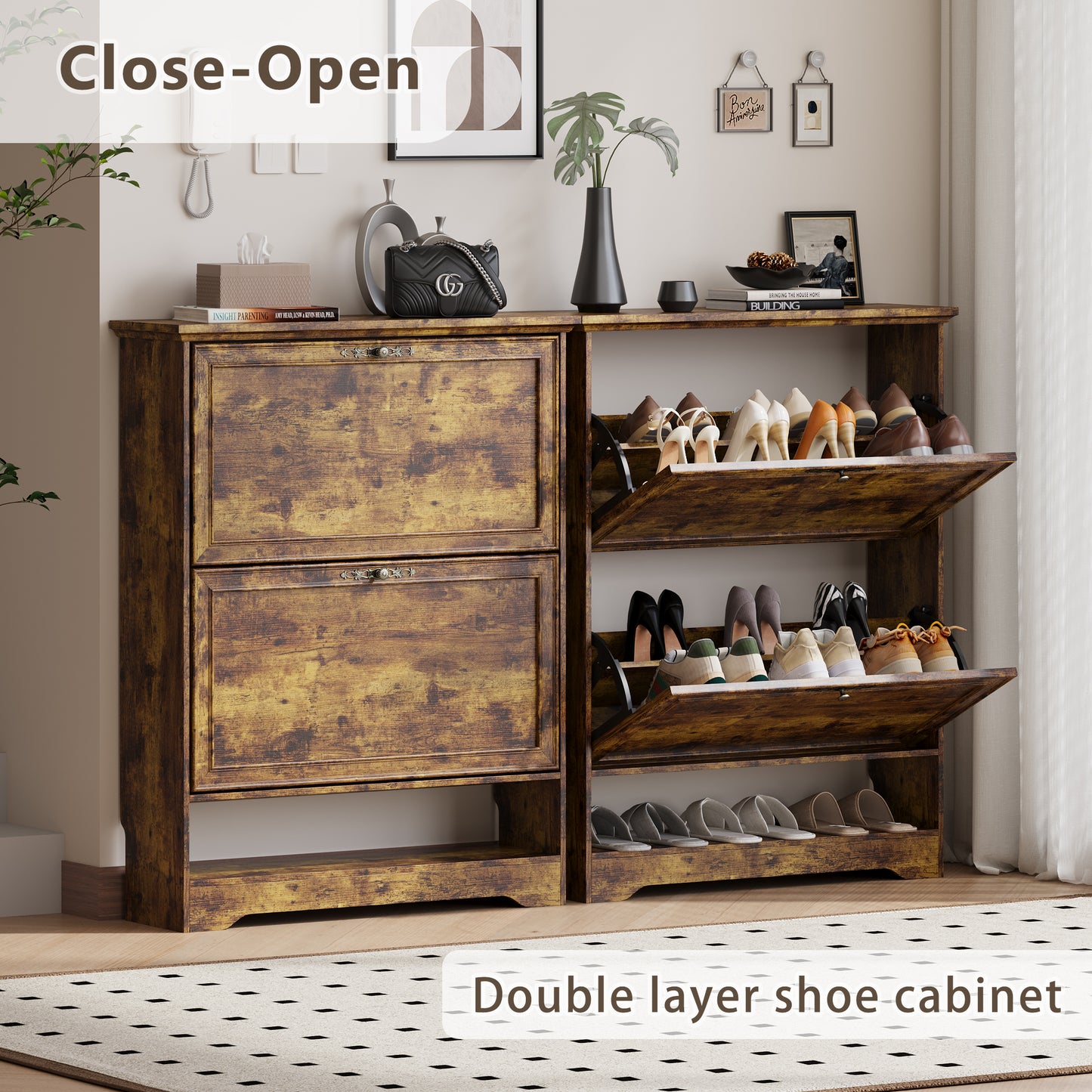 BORNOON Shoe Cabinet for Entryway, Slim Shoe Storage Cabinet with Adjustable Shelves, Wooden Rack and Organizer for Small Spaces, Closet, Foyer, Hallway