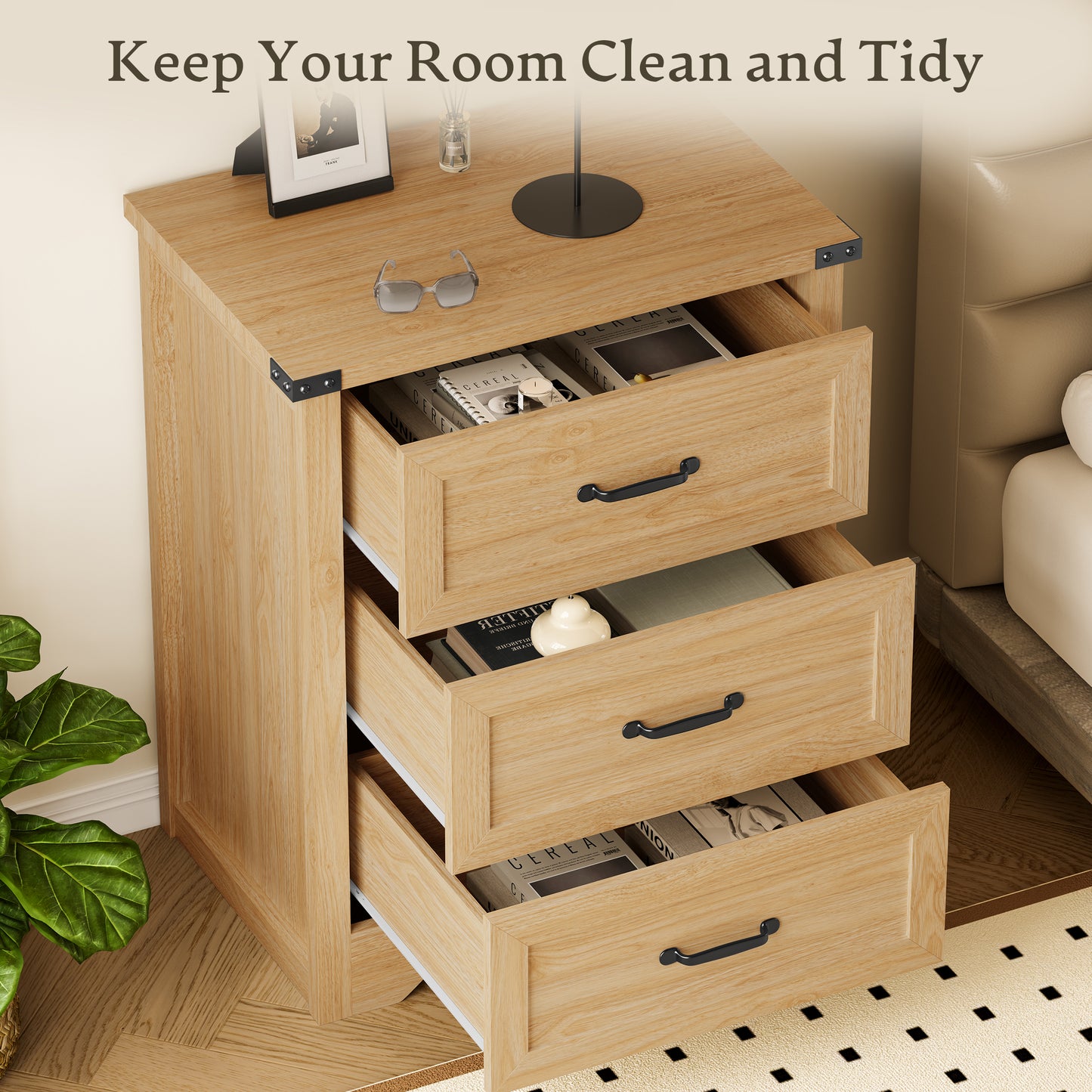 BORNOON 3-Drawer Dresser for Bedroom, Small Wooden Chest of Drawers with Metal Handles, Narrow Storage Cabinet with Anti-Tipping Design, Sturdy Dresser Organizer for Closet, Living Room, Entryway