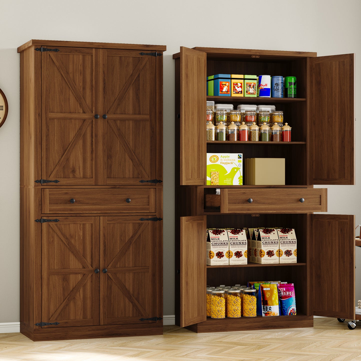 BORNOON Pantry Organizers and Storage Cabinet, 67.71” Barn Door White Kitchen Cabinet with Drawers and Adjustable Shelf, Tall Pantry for Kitchen, Dining Room, Living Room