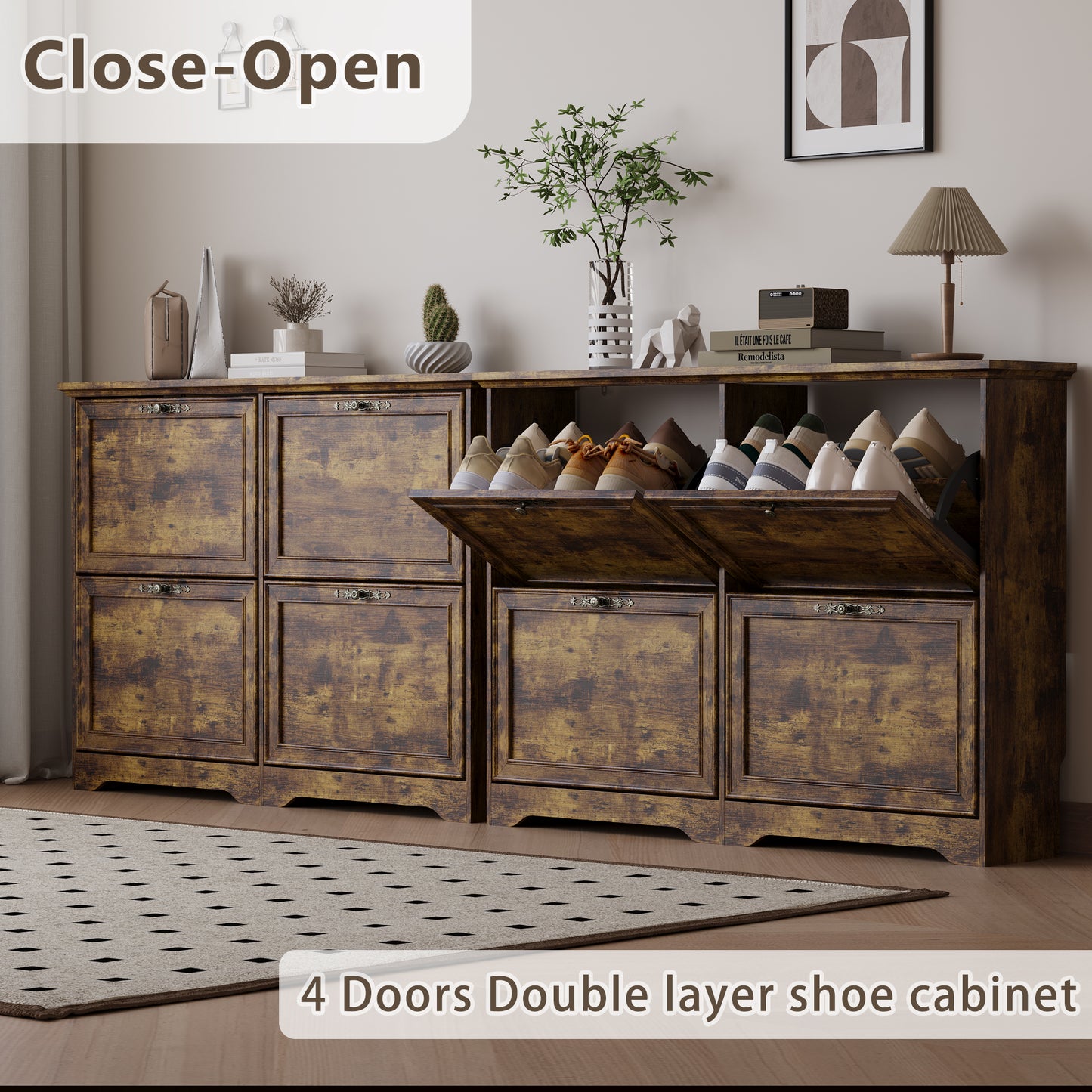 BORNOON Large Shoe Cabinet for Entryway, 4 Flip Drawer Organizer with Adjustable Shelves, Wooden Slim Shoe Storage Cabinet and Rack for Closet, Hallway, Foyer