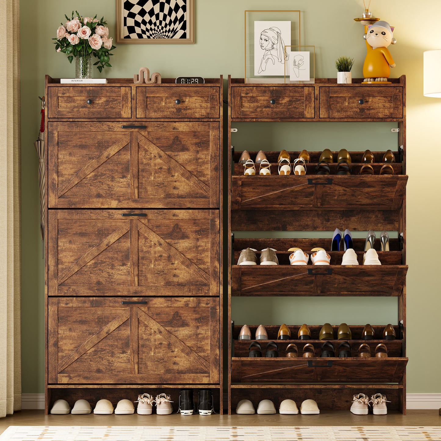 BORNOON Shoe Storage Cabinet for Entryway, Farmhouse Narrow Shoe Cabinet with 3 Flip Drawers & 2 Top Drawers, Adjustable Shelves & Hooks, Freestanding Hidden Rack Organizer for Hallway, Foyer