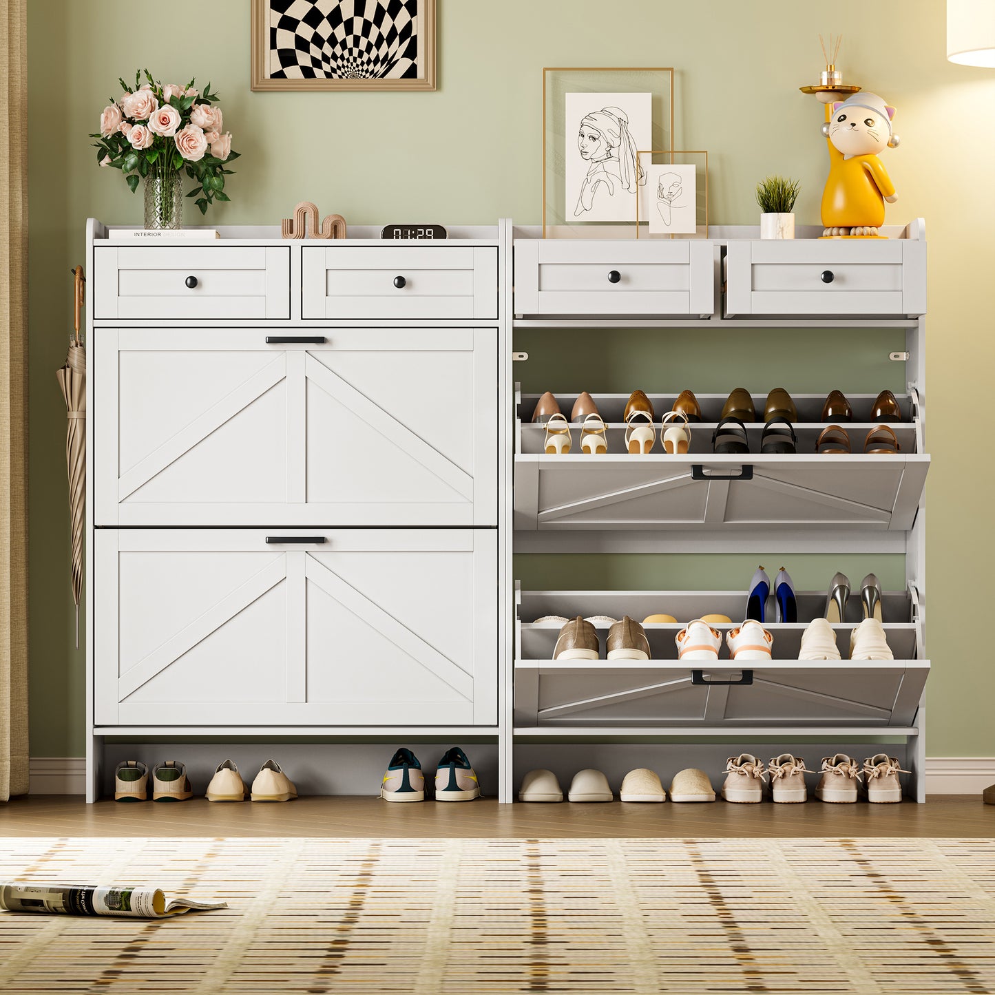 BORNOON Shoe Storage Cabinet for Entryway, Farmhouse Narrow Shoe Cabinet with 2 Flip Drawers & Top Drawers, Adjustable Shelves & Hooks, Freestanding Hidden Rack Organizer for Hallway, Foyer