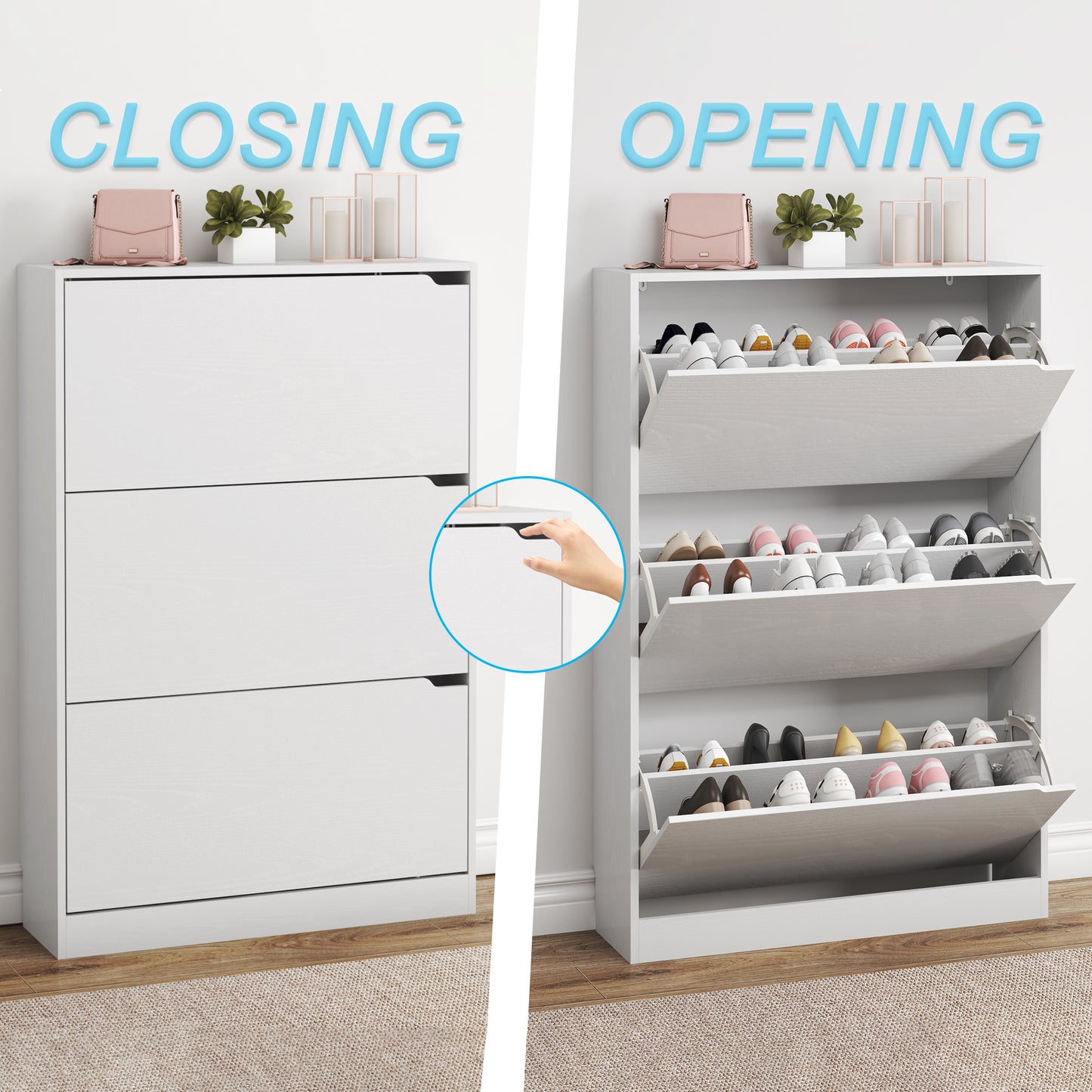 BORNOON Shoe Cabinet with 3 Flip Drawers, Slim Narrow Shoe Storage Cabinet, Freestanding Shoe Organizer with Adjustable & Removable Shelves, Top Display Shelf for Entryway, Hallway, Foyer, Closet