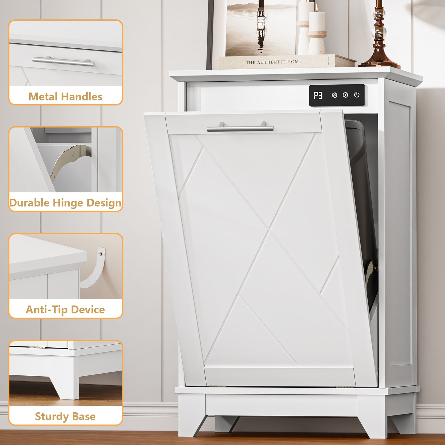 BORNOON Tilt Out Trash Can Cabinet, Hidden Trash Can Cabinet with Odor Control, Negative Ion & Ozone, Wooden Laundry Hamper Cabinet, Single Trash Cabinet for Kitchen, Bathroom, Laundry Room, White