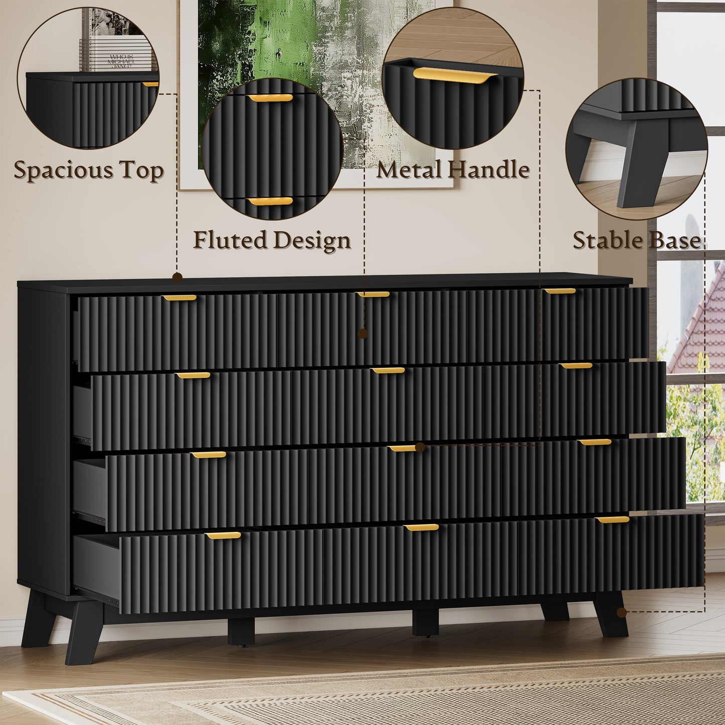 BORNOON 57" Wide Dresser for Bedroom, 12-Drawer Fluted Dresser with Metal Handles, Wood Chest of Drawers with Smooth Slides and Stable Base, Storage Cabinet for Living Room, Nursery, Timeless Noir