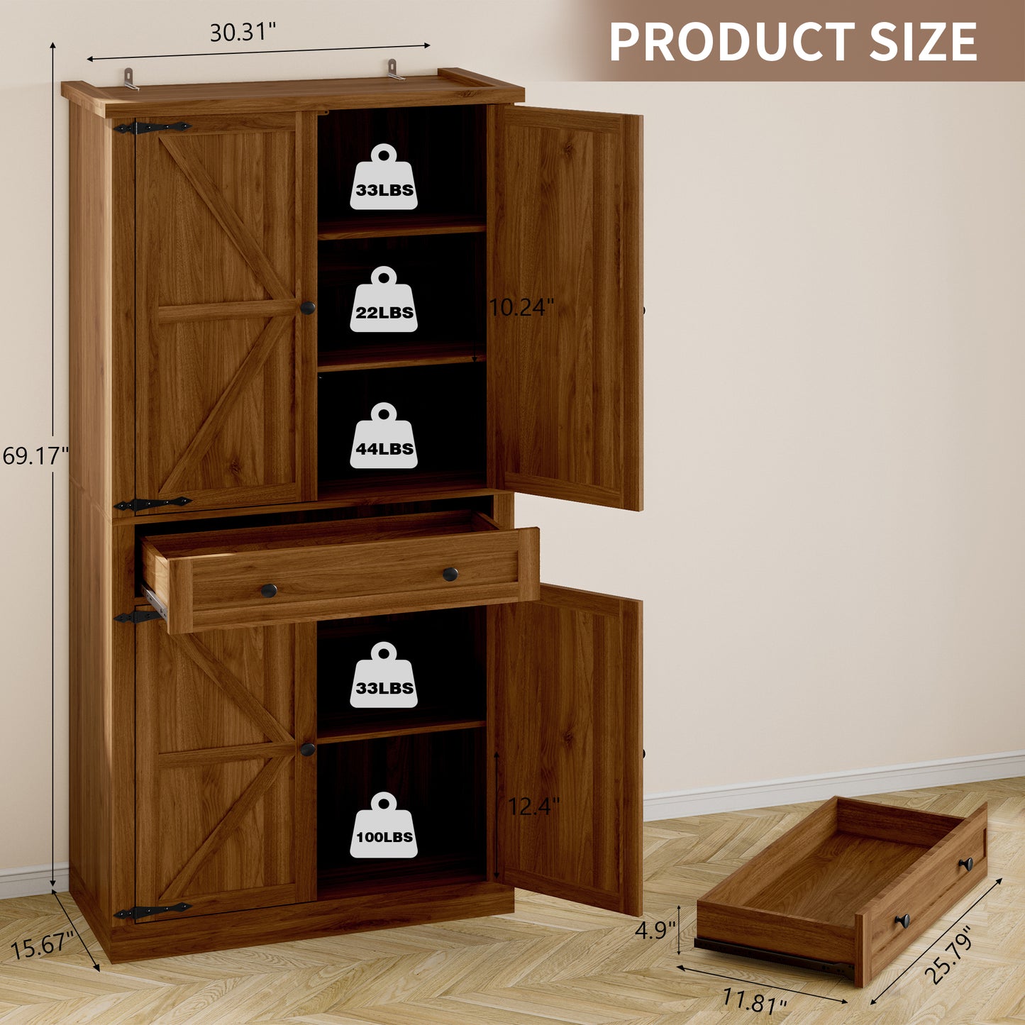 BORNOON Pantry Organizers and Storage Cabinet, 67.71” Barn Door White Kitchen Cabinet with Drawers and Adjustable Shelf, Tall Pantry for Kitchen, Dining Room, Living Room
