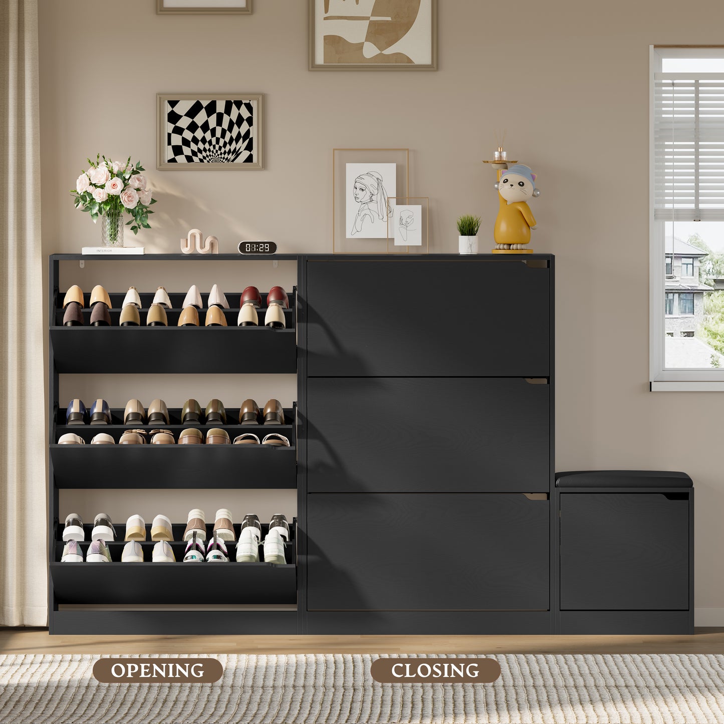 BORNOON Shoe Cabinet with Bench and 3 Flip Drawers, Slim Narrow Shoe Storage Cabinet, Freestanding Shoe Rack Organizer with Adjustable & Removable Shelves, Anti-Tip for Entryway, Hallway, Foyer