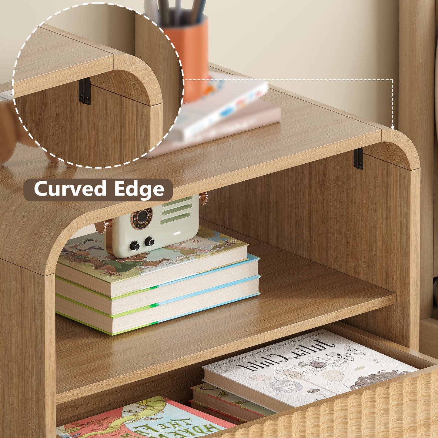 BORNOON Nightstand with Charging Station, Fluted Bedside Table with Round Curved Corner, Hidden Handles, 2 AC Outlets and 2 USB Ports, Modern Wood End Table with Open Shelf for Bedroom