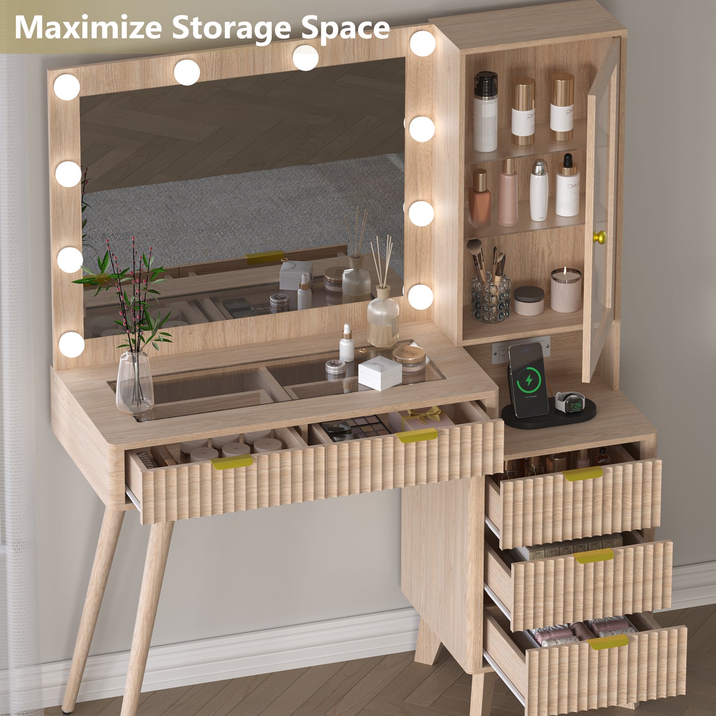 BORNOON 45” Fluted Makeup Vanity Desk with Mirror and Lights, Glass Top Dressing Table with 5 Drawers, LED Lighted Adjustable Cabinet, Trays & Charging Station for Bedroom Dressing Room